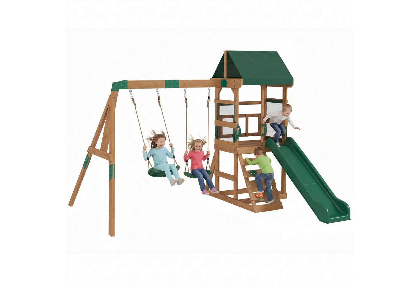 AIYAPLAY Schaukelgestell Rutsche, Schaukeln, Kletterwand, überdachtem Oberdeck Spielhaus, (Spielturm Klettergerüst, 1-tlg., Outdoor Kinder Kletterturm), aus Holz für 3-8 Jahre Kinder 315x284x233 cm