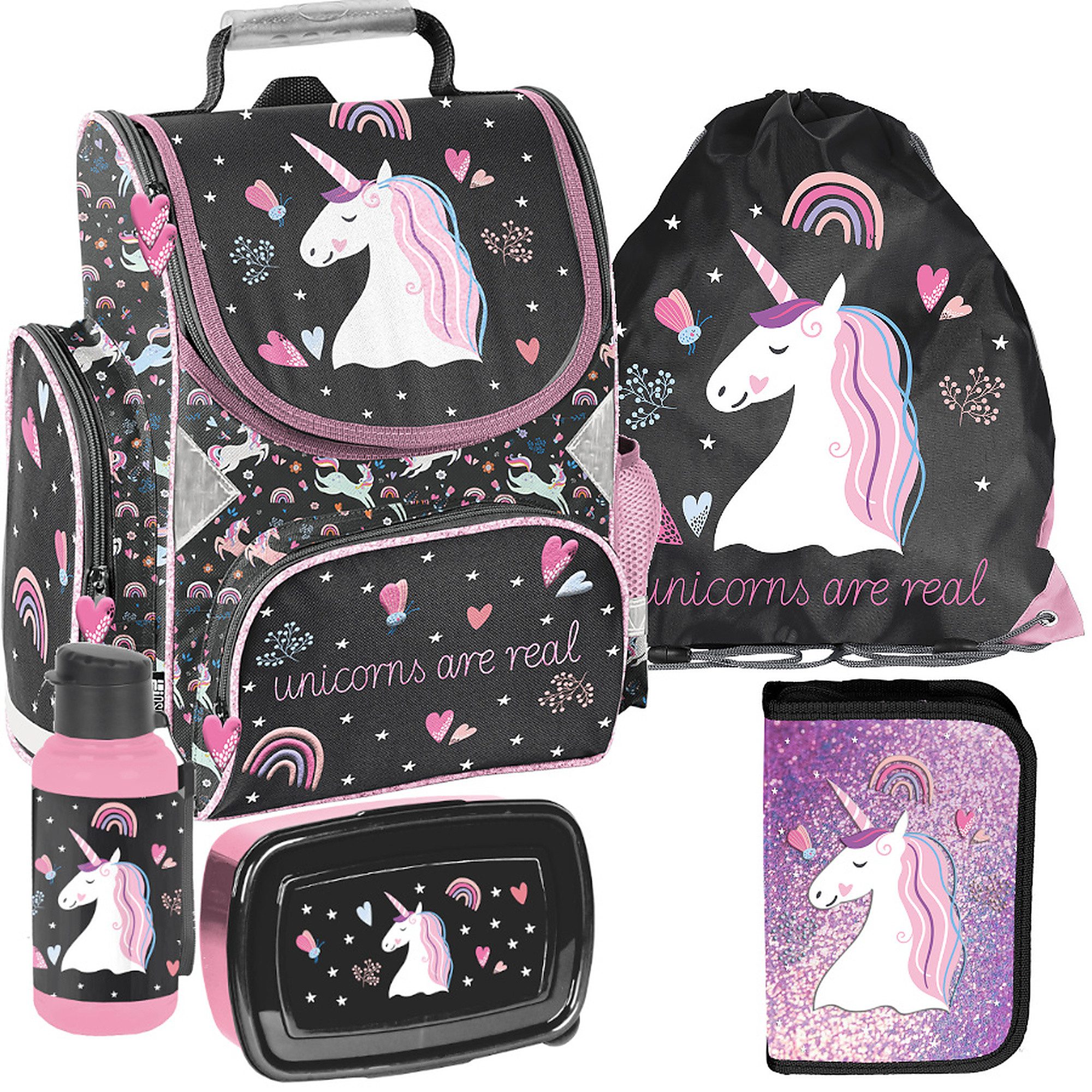 PASO Schulrucksack (Schulset, 5-tlg), Einhorn, 5-tlg. Set