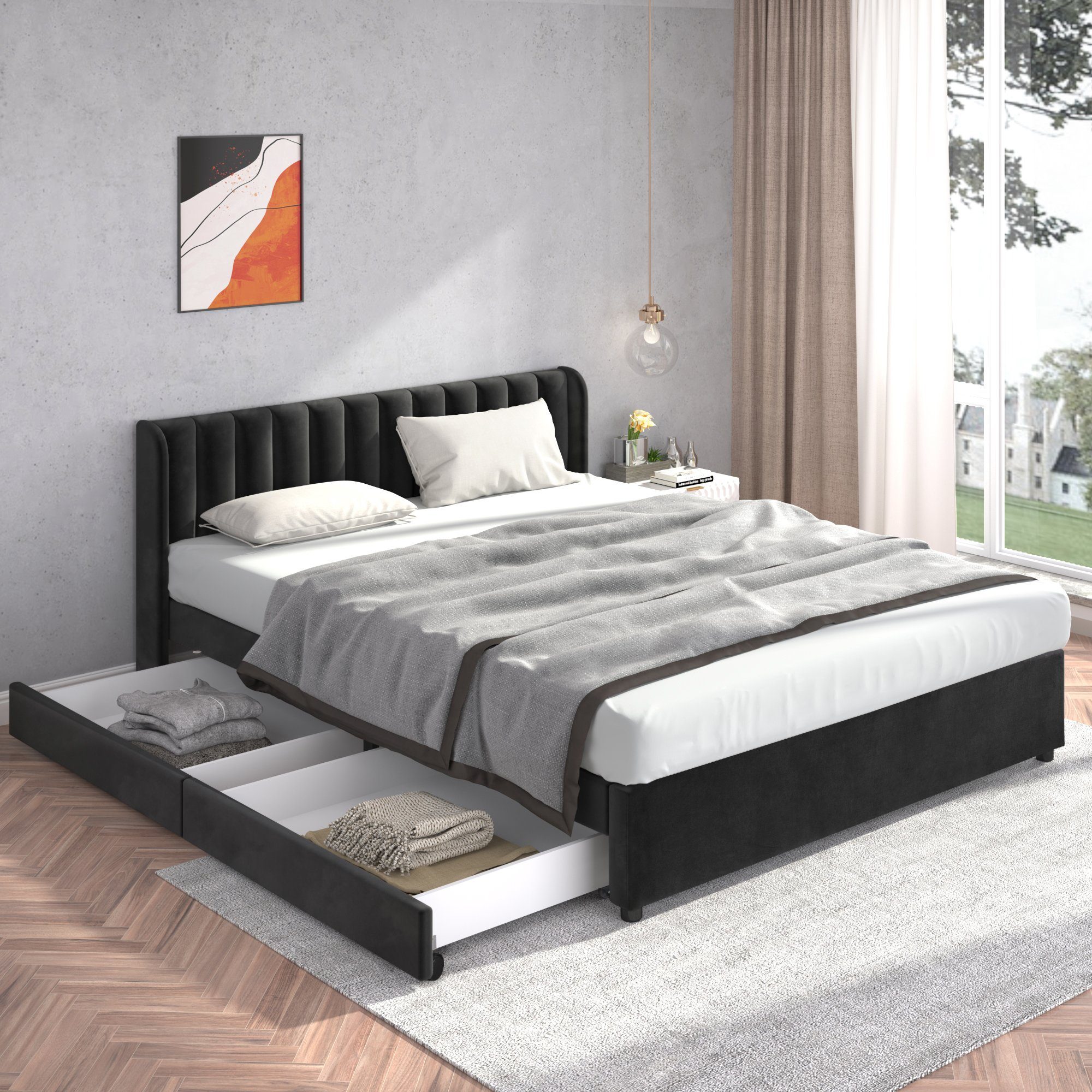 Flieks Polsterbett, Samt Stauraumbett mit 2 Schubladen 180x200cm günstig online kaufen