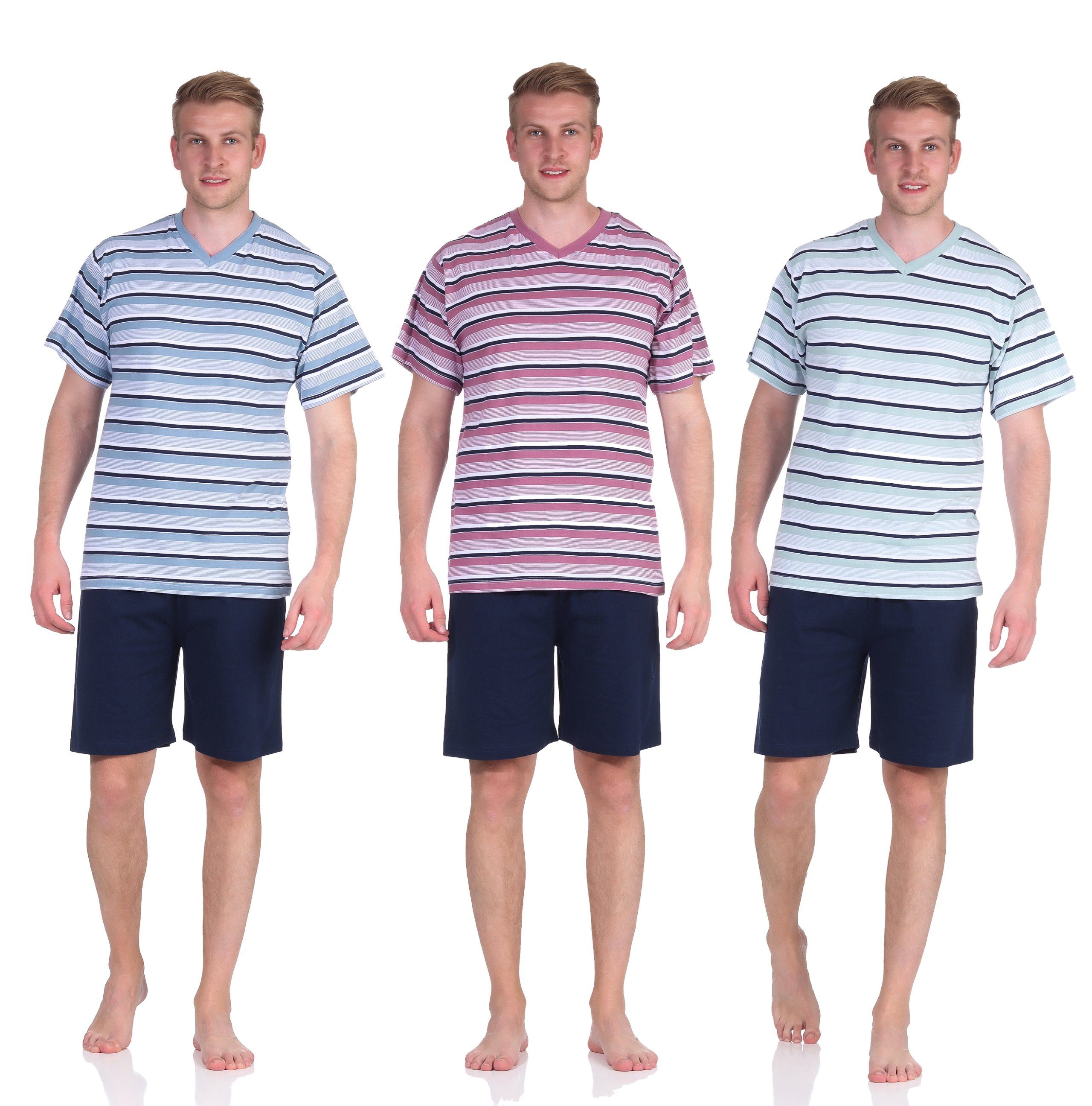 Single-Jersey Shorty Schlafanzug mit 100% Shorty Moonline Baumwolle Kurzarm V-Ausschnitt Herren