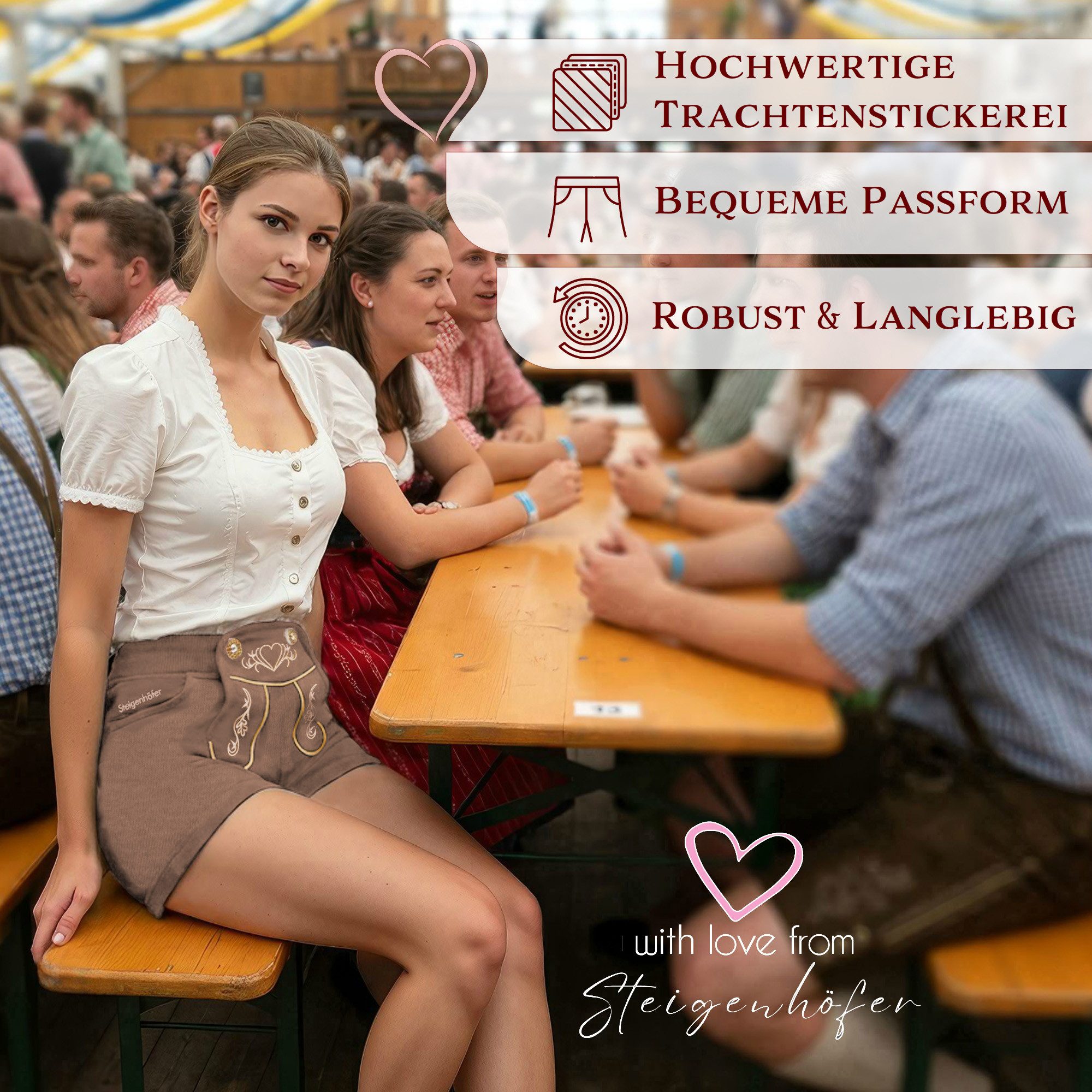 Steigenhöfer Manufaktur Lederhose Damen Lookalike - Kurze Jogginghose mit Kordelzug im Lederhosen Look Hotpants Jogging Damen Shorts Tracht - Oktoberfest Damen  – Bild 3 von 5