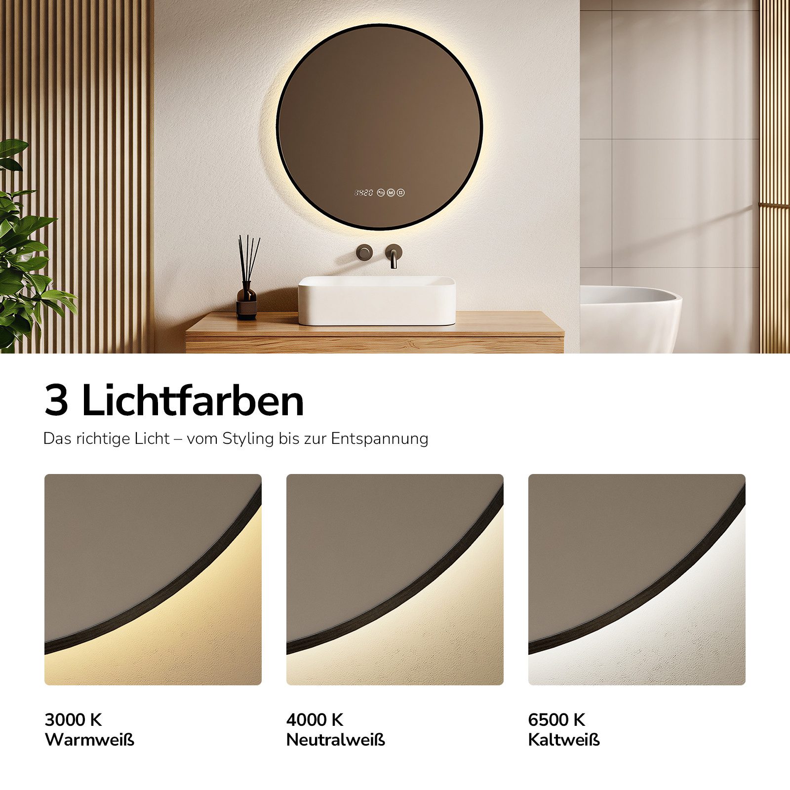 EMKE Badspiegel mit Beleuchtung und Antibeschlag, Uhr & Temperaturanzeige (Touchschalter), Rahmen in Schwarz, Gold gebürstet oder Dunkelgrün – Bild 2 von 5