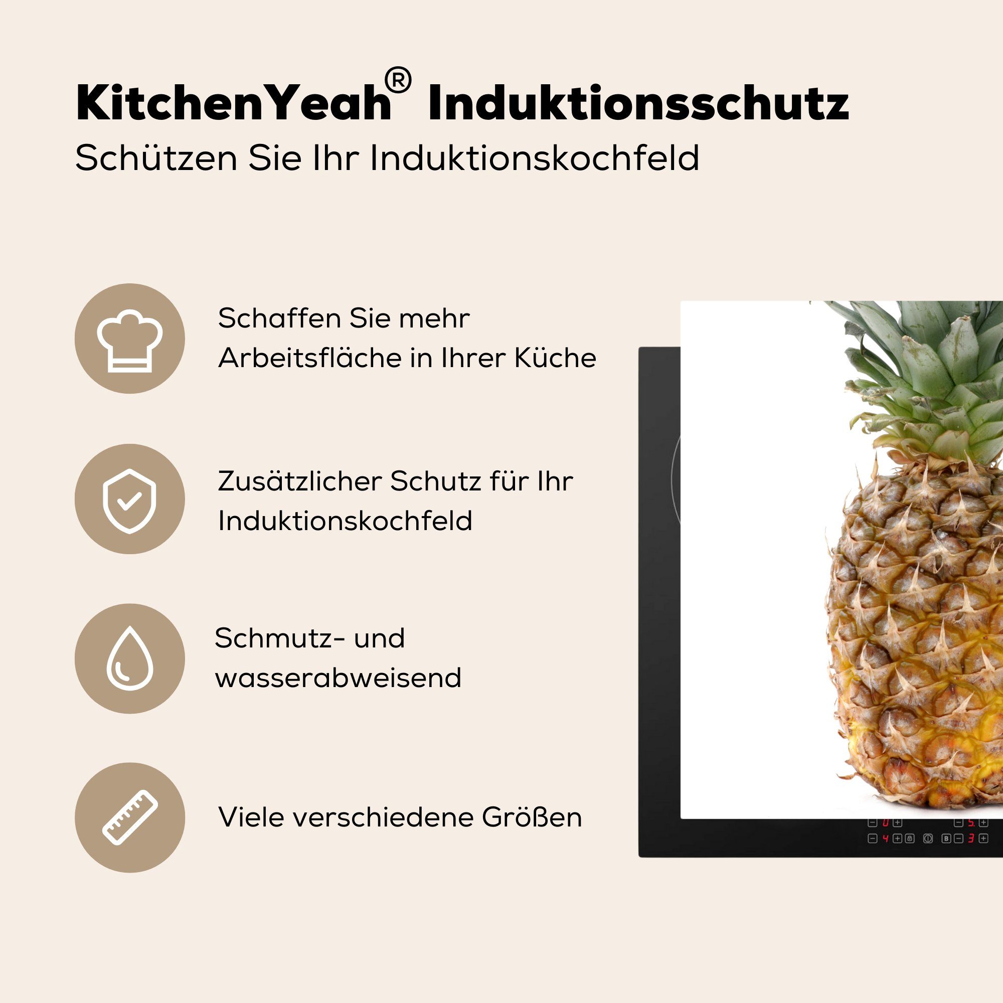 MuchoWow Herdblende-/Abdeckplatte Ananas für küche - Ceranfeldabdeckung, - (1 tlg), Vinyl, cm, 78x78 Weiß, Obst Arbeitsplatte