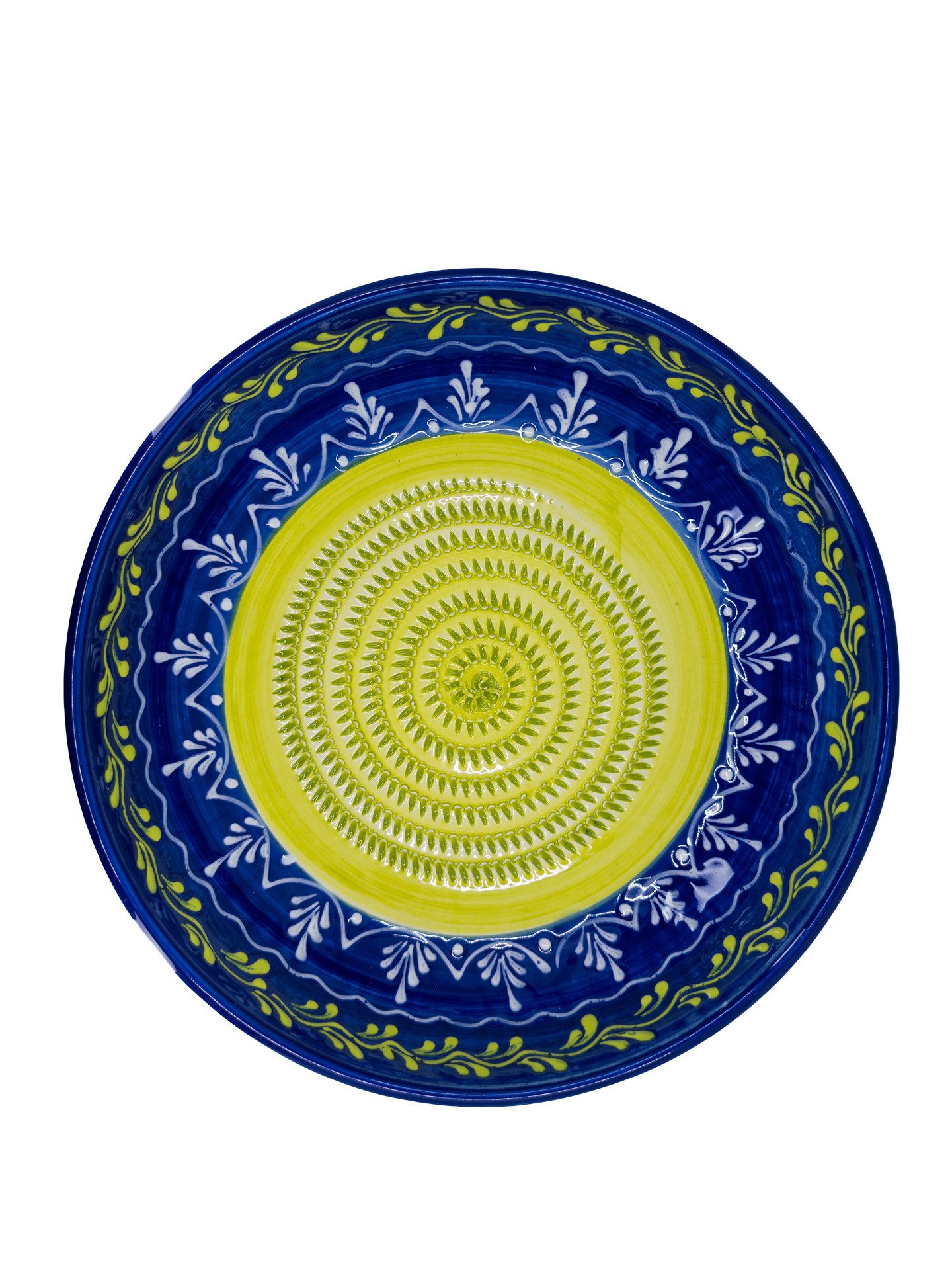 Kaladia Multireibe große Reibeschüssel in Blau mit grün-weißer Verzierung - 27x7 cm, Keramik, funktionale Küchenreibe für Saucen, Dips und mehr - Made in Spain