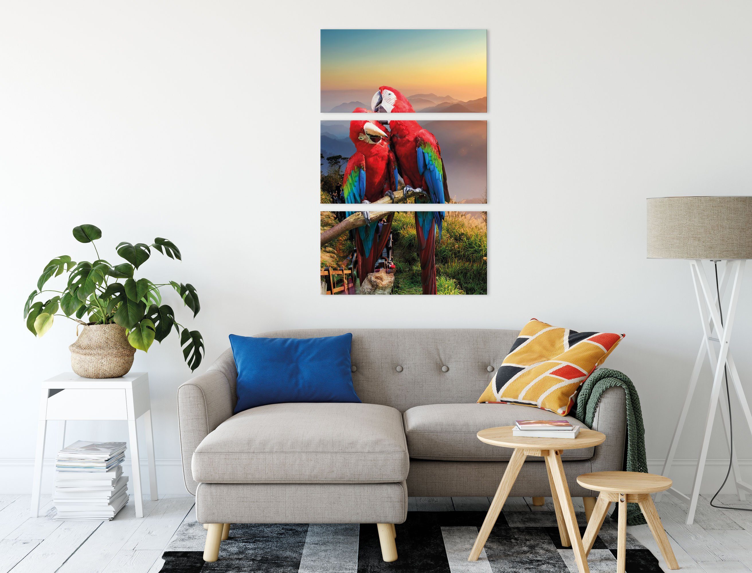 Leinwandbild Papageien Zackenaufhänger (1 inkl. Pärchen, 3Teiler Papageien (120x80cm) St), bespannt, fertig Leinwandbild Pixxprint Pärchen