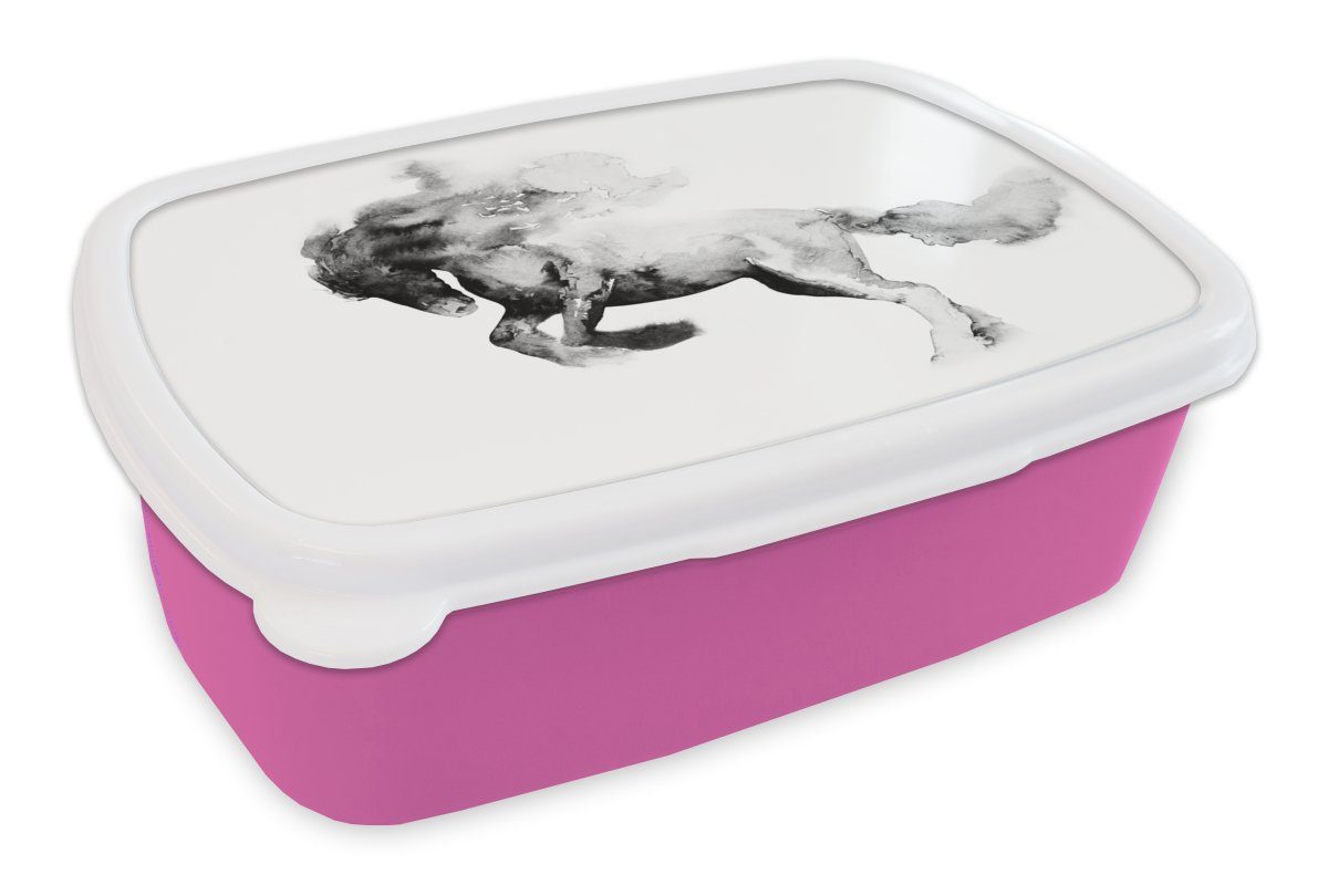 MuchoWow Lunchbox Gemälde - Pferd - Tiere - Ölfarbe - Schwarz - Weiß, Kunststoff, (2-tlg), Brotbox für Erwachsene, Brotdose Kinder, Snackbox, Mädchen, Kunststoff rosa