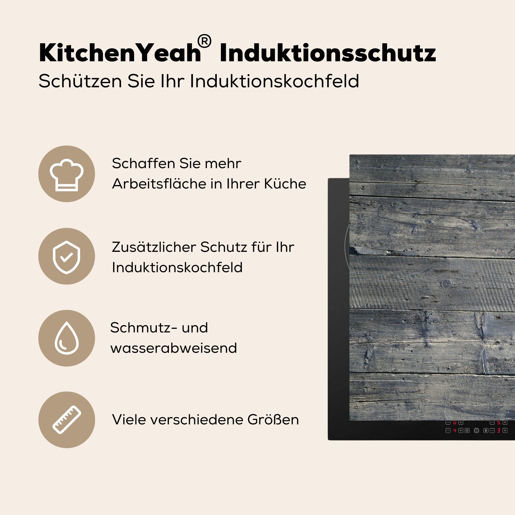 Induktionskochfeld Herdblende-/Abdeckplatte tlg), (1 hölzerner cm, Vinyl, MuchoWow Schutz Grauer küche, Ceranfeldabdeckung Hintergrund, für die 81x52