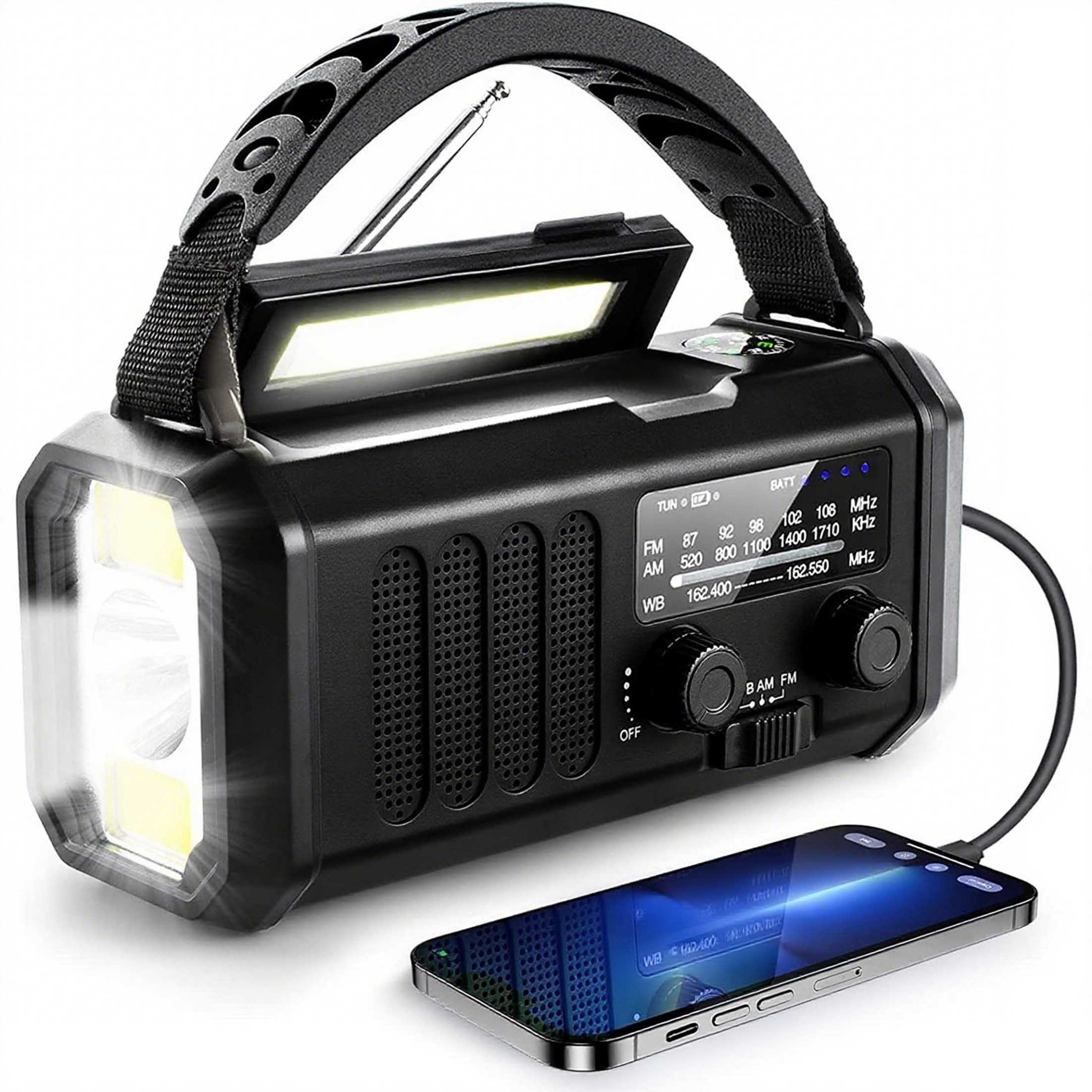 KINSI Notfallradio mit Kurbel, Solar, 10000mAh Powerbank, LED Lampe Notfallradio (Wetterband Empfang, SOS Signal, Kompass, IPX6 Schutz, für …