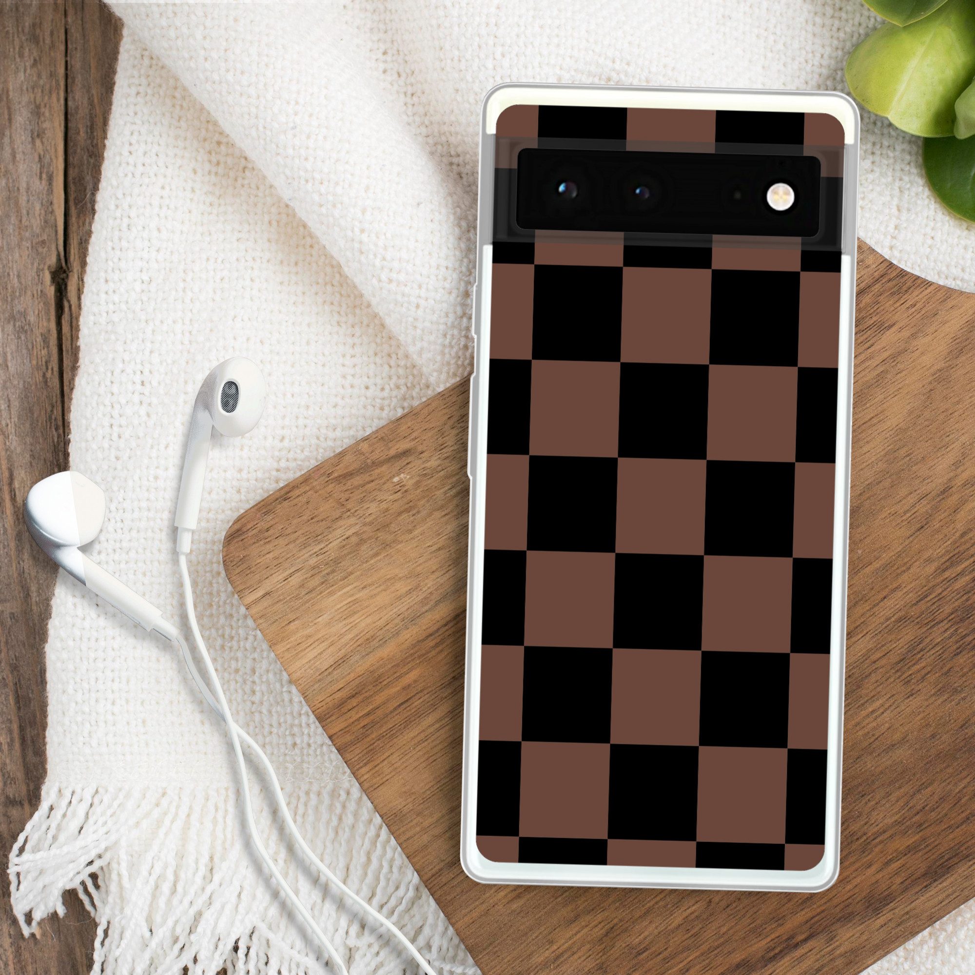 MuchoWow Handyhülle für Google Pixel 6 Schachbrettmuster - Braun - Schwarz - Blöcke, Handy Case, Silikon, Bumper Case Dünn