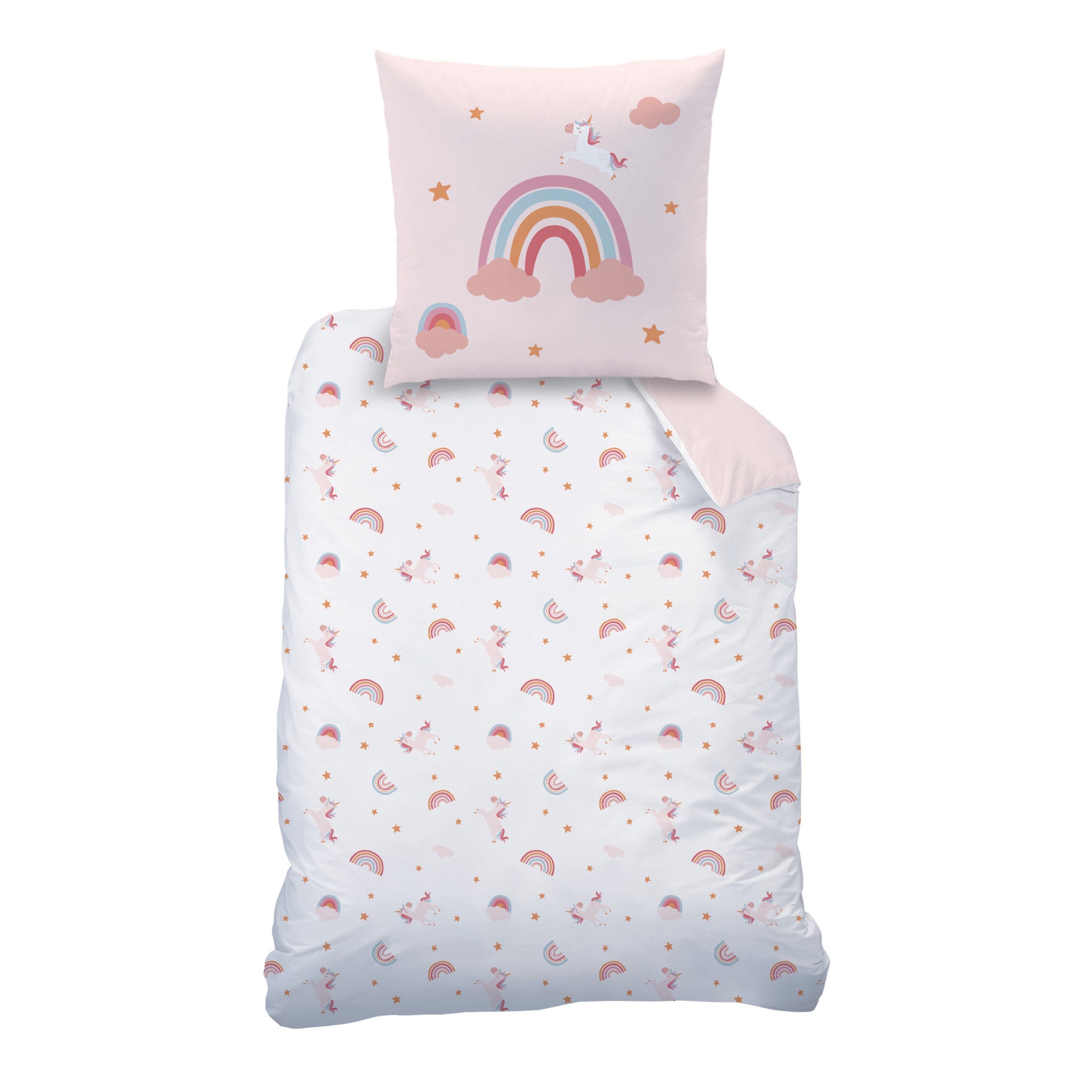 MTOnlinehandel Bettwäsche Einhorn 135x200 + 80x80 cm (Unicorn), 100% Baumwolle, 2 teilig, Mädchen-Bettwäsche Magic Tale, Regenbogen, Sterne und Wolken