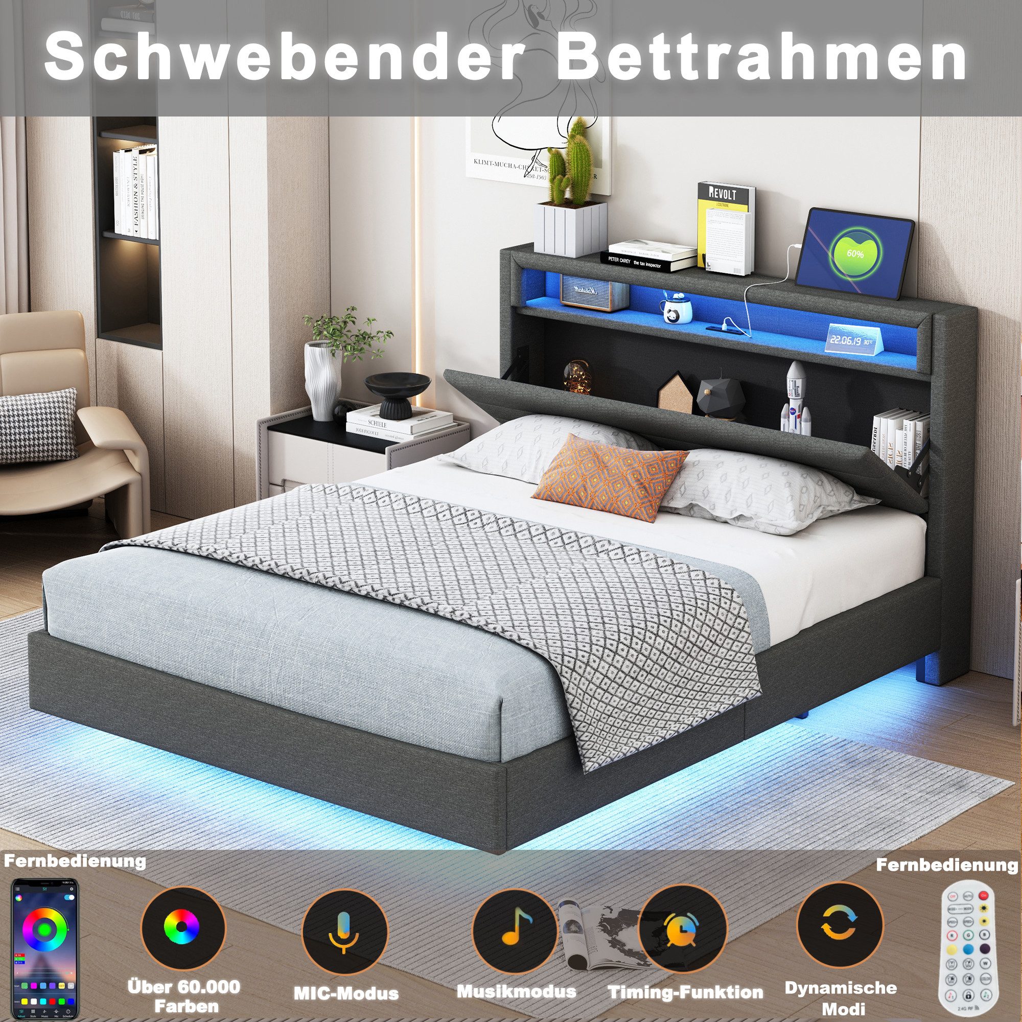 HAUSS SPOLE Polsterbett 140x200 cm mit USB-Steckdose und LED-Licht, Leinens günstig online kaufen