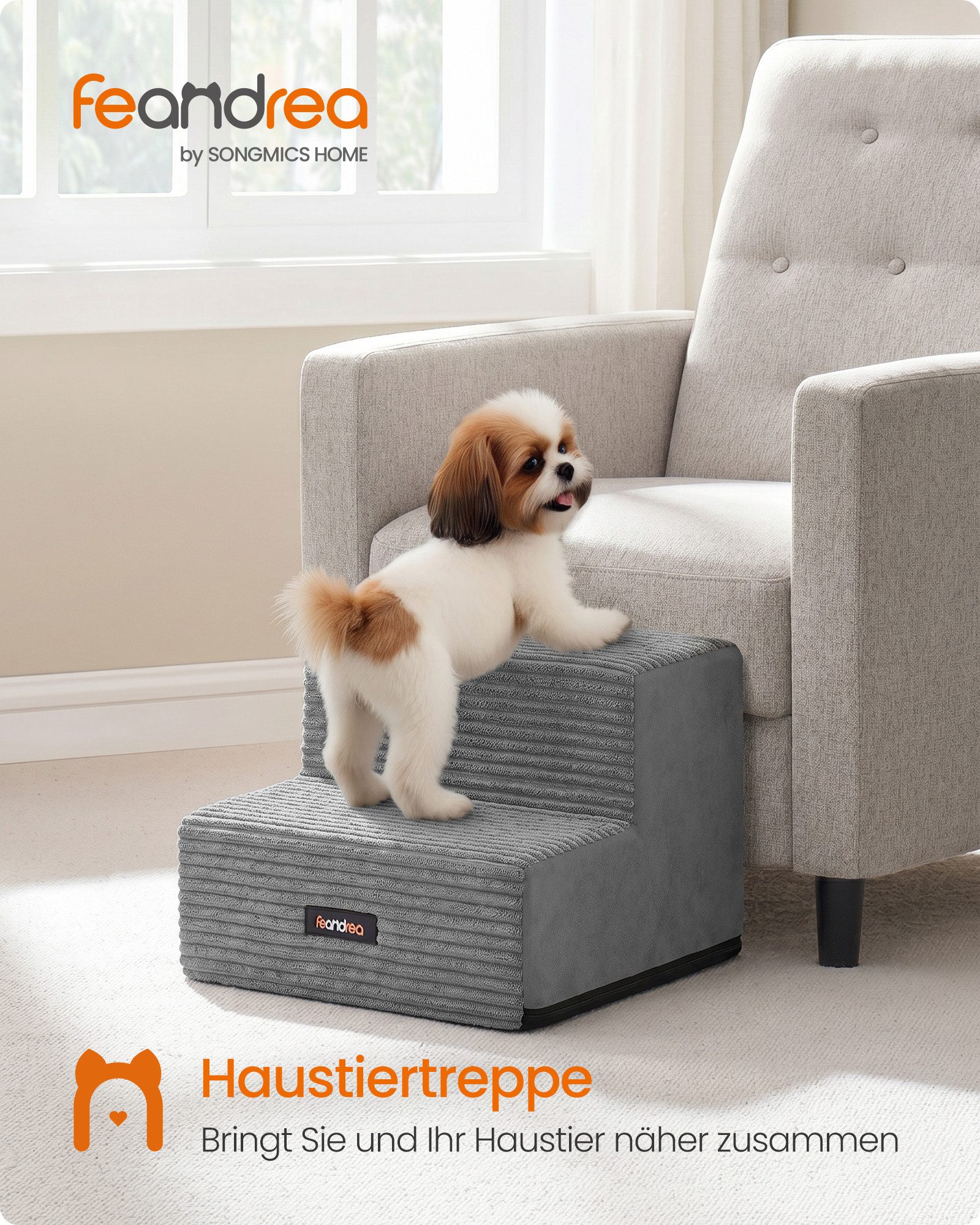 FEANDREA Haustiertreppe Waschbare Haustiertreppe für Bett und Sofa, 2 Stufen Katzentreppe aus Schaumstoff, Hunderampe für Kleine Hunde