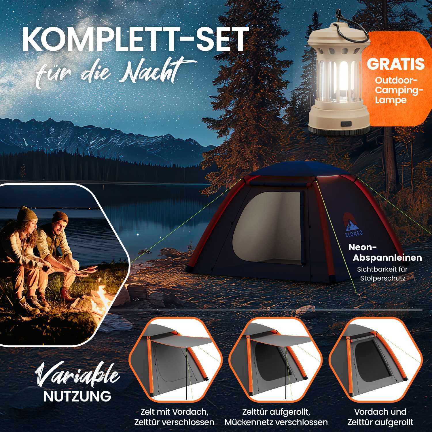 ELONEO aufblasbares Zelt mit Vordach & Luftpumpe, 1-4 Personen, Camping Zelt, Luftzelt, Personen: 4, Familienzelt, wasserdicht, ultraleicht, mit Outdoor Licht/LED Lampe