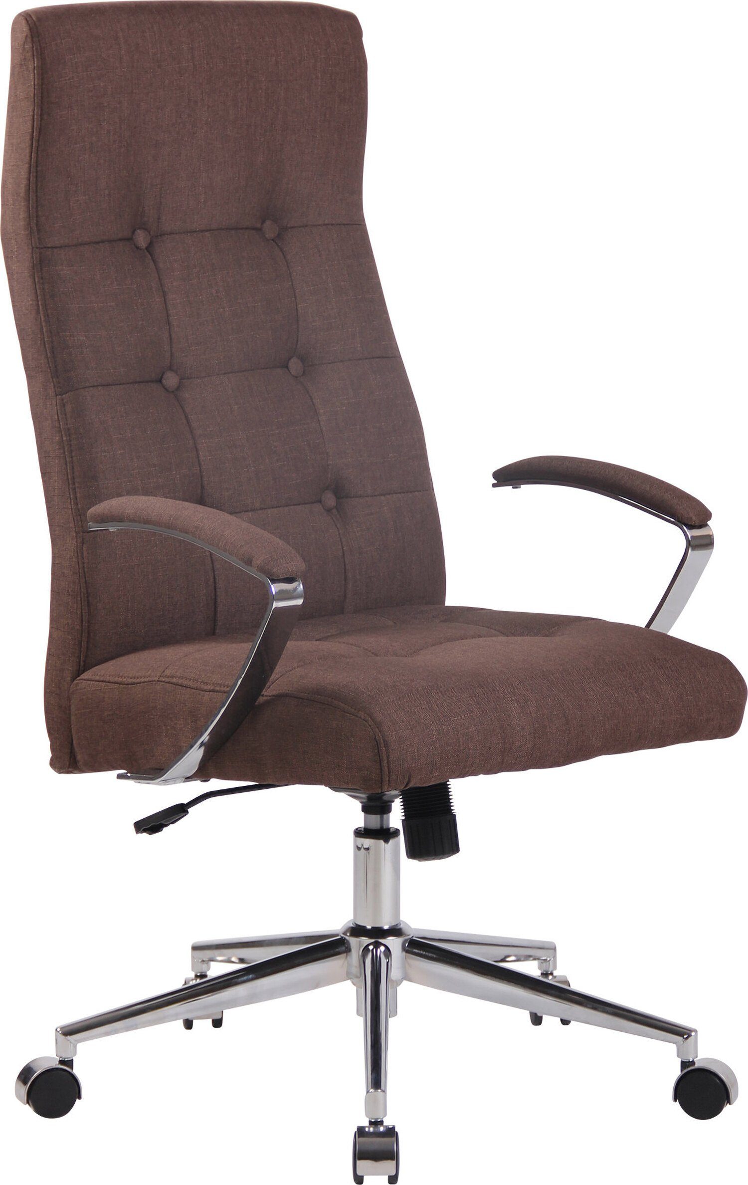 TPFLiving Bürostuhl Fynia mit bequemer Rückenlehne - höhenverstellbar und 360° drehbar (Schreibtischstuhl, Drehstuhl, Chefsessel, Konferenzstuhl), Gestell: Metall chrom - Sitzfläche: Stoff braun