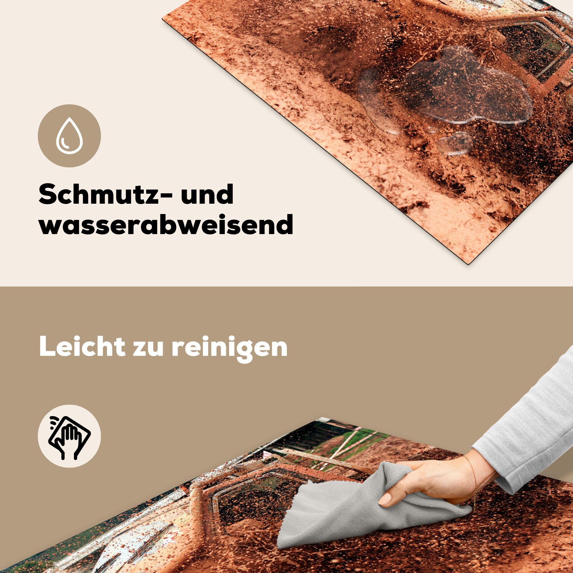 MuchoWow Herdblende-/Abdeckplatte Induktionskochfeld Schutz für küche, (1 Auto 81x52 cm, tlg), die Ceranfeldabdeckung - Räder, Schlamm - - Rennen Vinyl