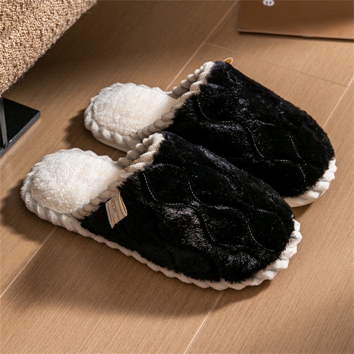 L.Ru UG Innenschützende pantoffeln für Damen im Herbst und Winter Plüsch Hausschuhe (Plüschhausschuhe mit dicker Sohle für den Heimwinter) Schwarz