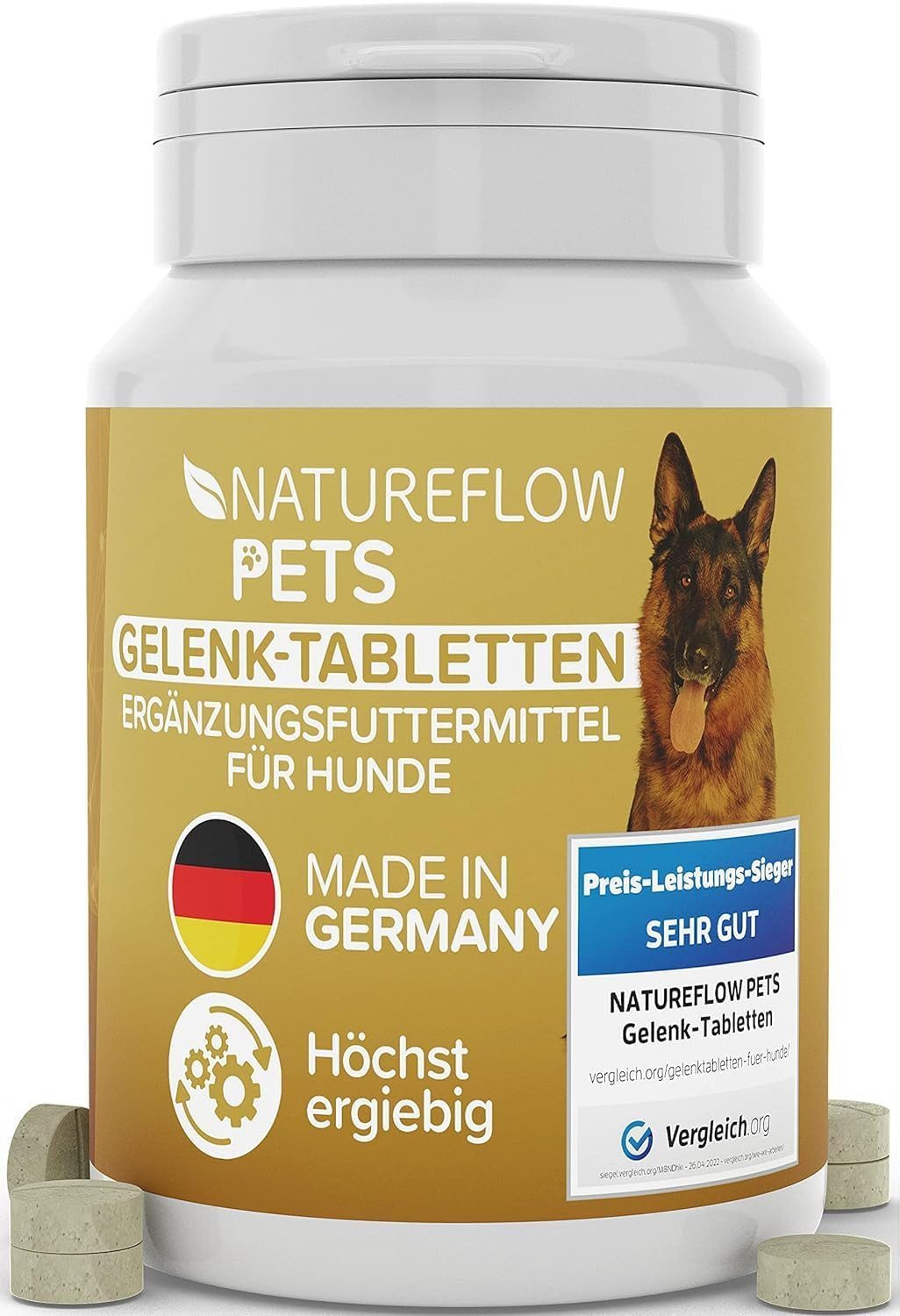 Natureflow Fellpflege Gelenktabletten Hunde – Test SEHR GUT Made in Germany, (Grünlippmuschel, MSM und Teufelskralle - Keine Kapseln, 100-St., Hohe Akzeptanz Gelenktabletten Hund - 100 Stück)