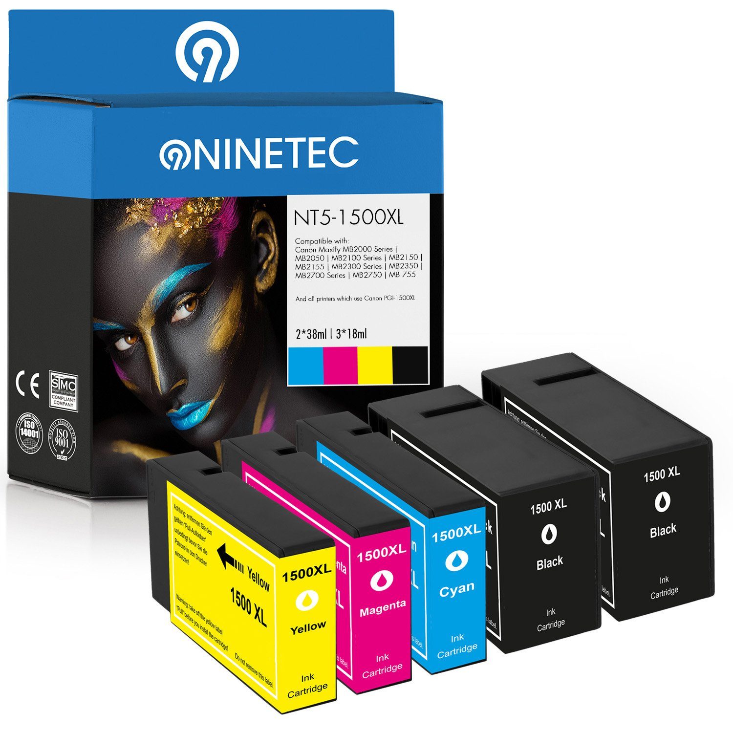 NINETEC 5er Set ersetzt Canon PGI-1500 PGI1500 Tintenpatrone