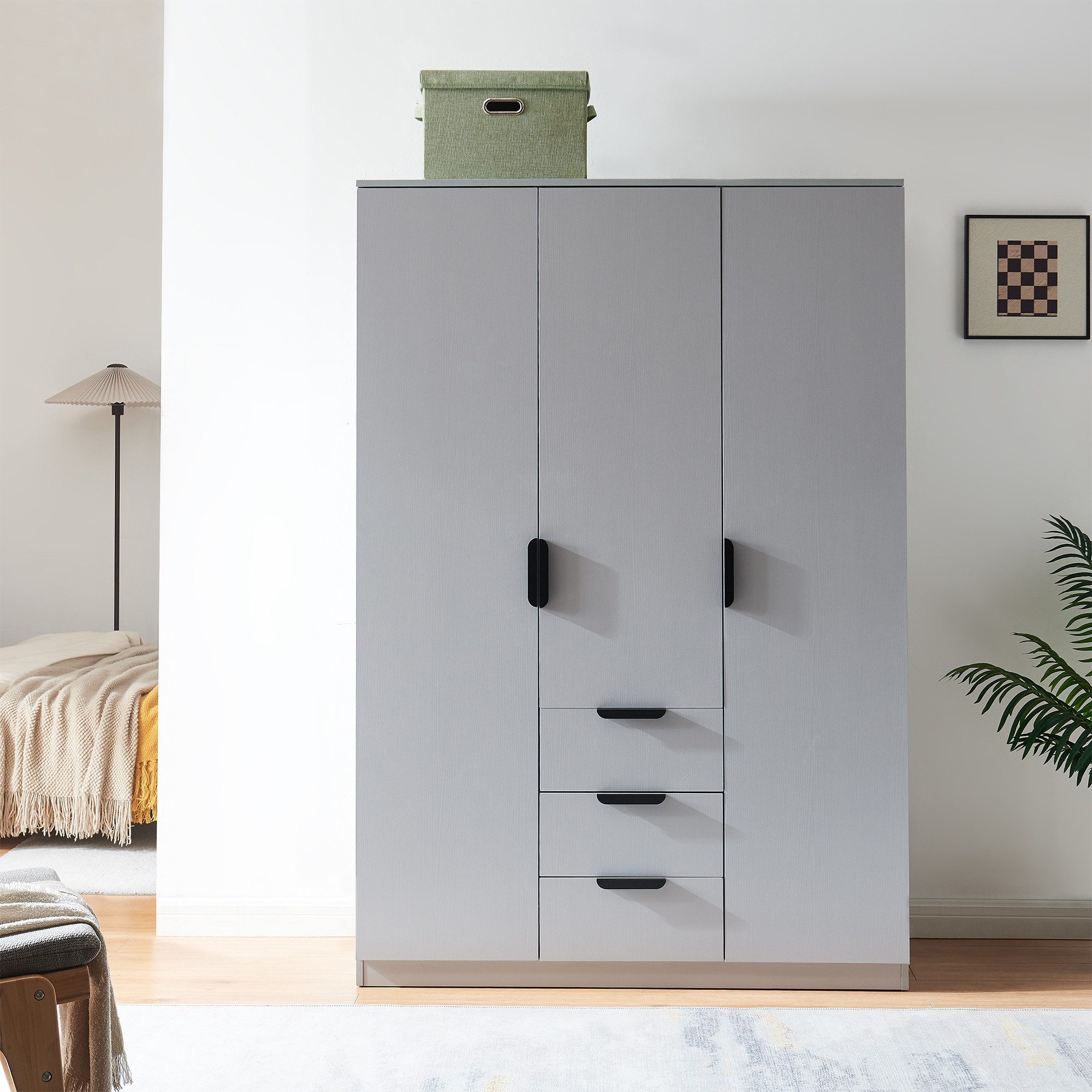 en.casa Kleiderschrank »Eiselfing« 3 Türen, 4 Fächer, 3 Schubladen 176x120x52 cm Grau