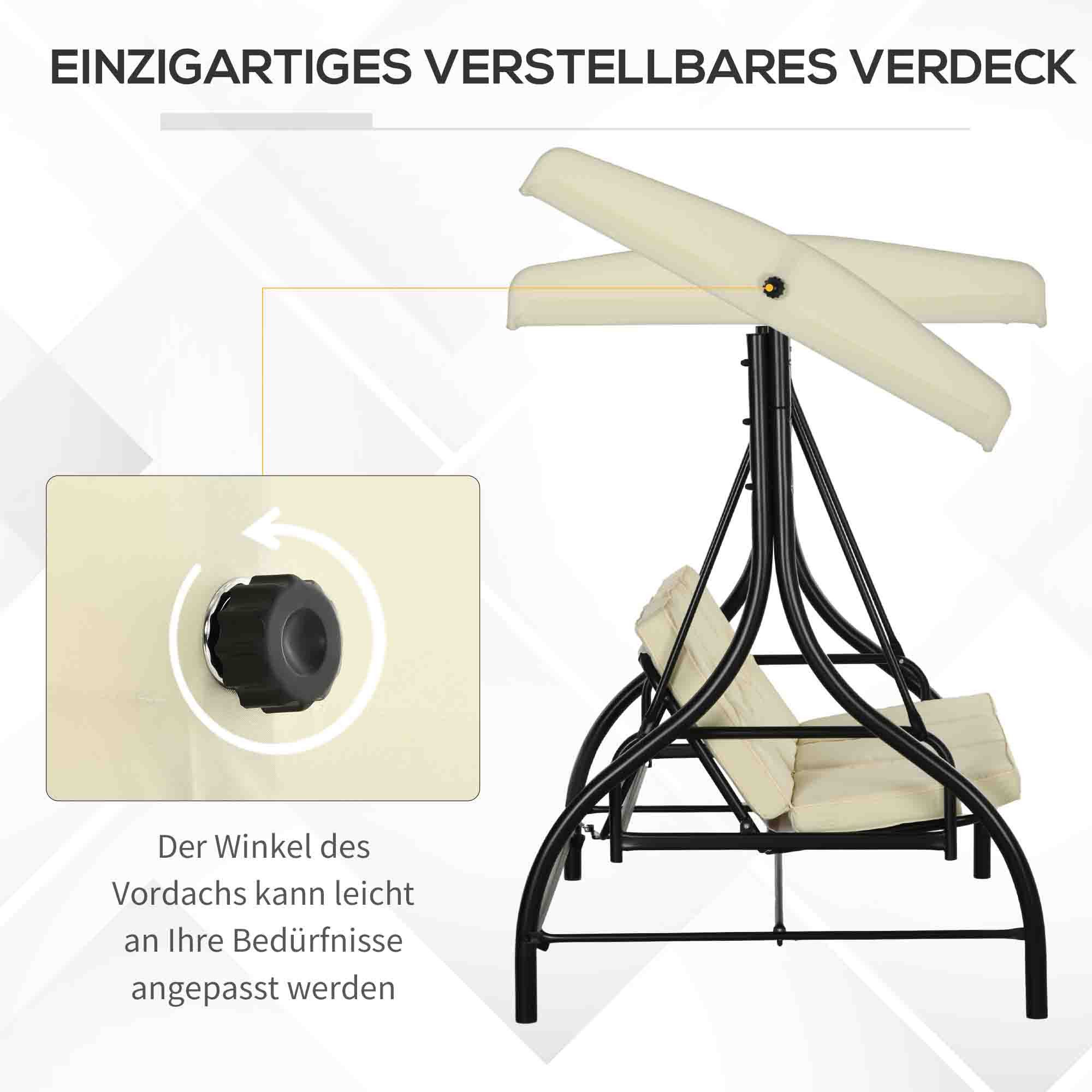 Outsunny Hollywoodschaukel 2 in 1 mi Liegefunktion, verstellbarem Sonnendach, belastbar bis 240kg, 3-Sitzer, Bettfunktion, 3-Sitzer Gartenschaukel, 1 tlg., Schaukelbank, für Garten, Terrasse, 195 x 117 x 175 cm, Beige