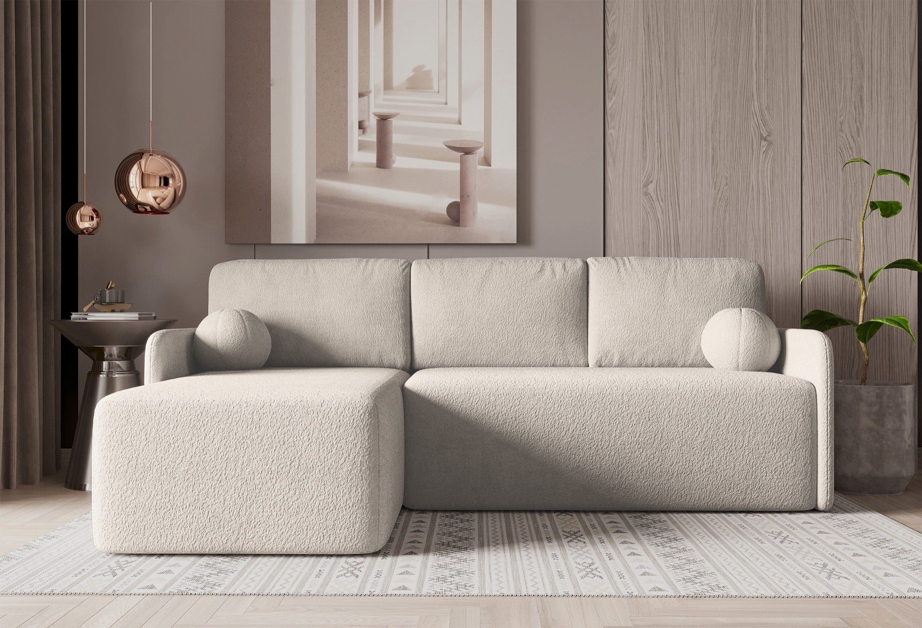 Selsey Ecksofa BLOOM, Ottomane beidseitig montierbar, Stauraum, Schlaffunktion, Bouclé-Stoff