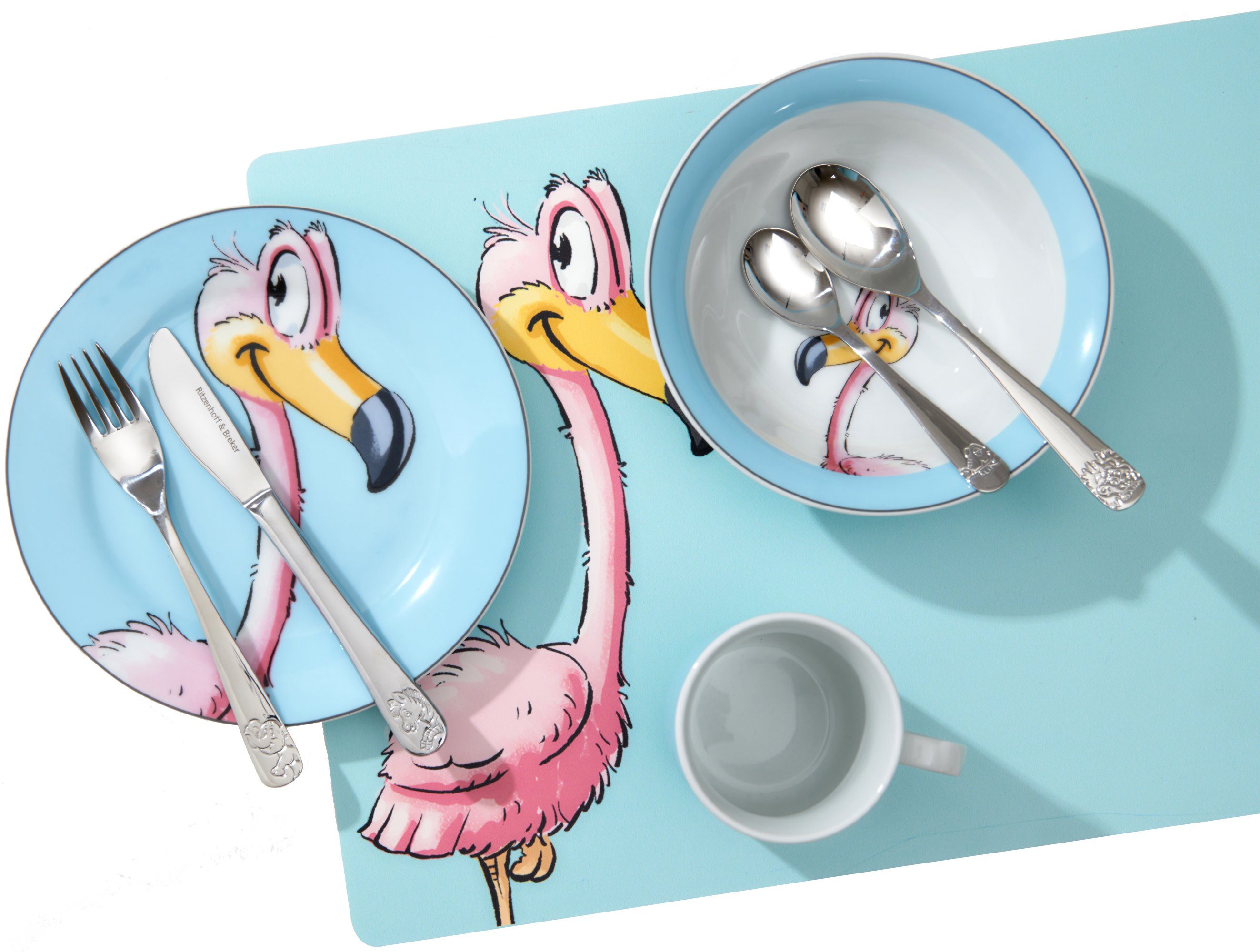 Ritzenhoff & Breker Kindergeschirr-Set (3-tlg), Flamingo-Dekor, Flo 1 Happy Teile, Porzellan, Person Personen, Zoo, mit 1 für 3