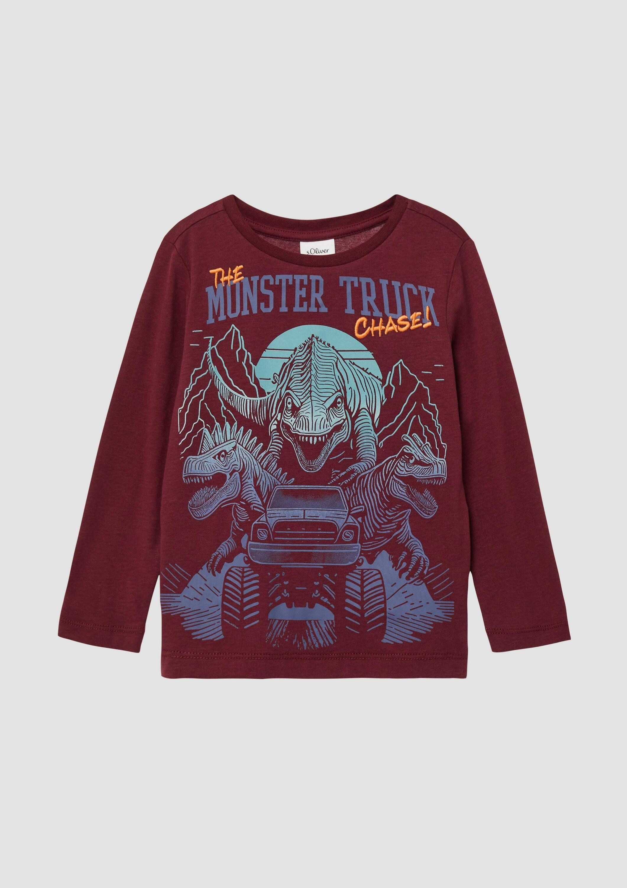 s.Oliver Langarmshirt T-Shirt Longsleeve mit großem Dino-Print und Stickerei-Details