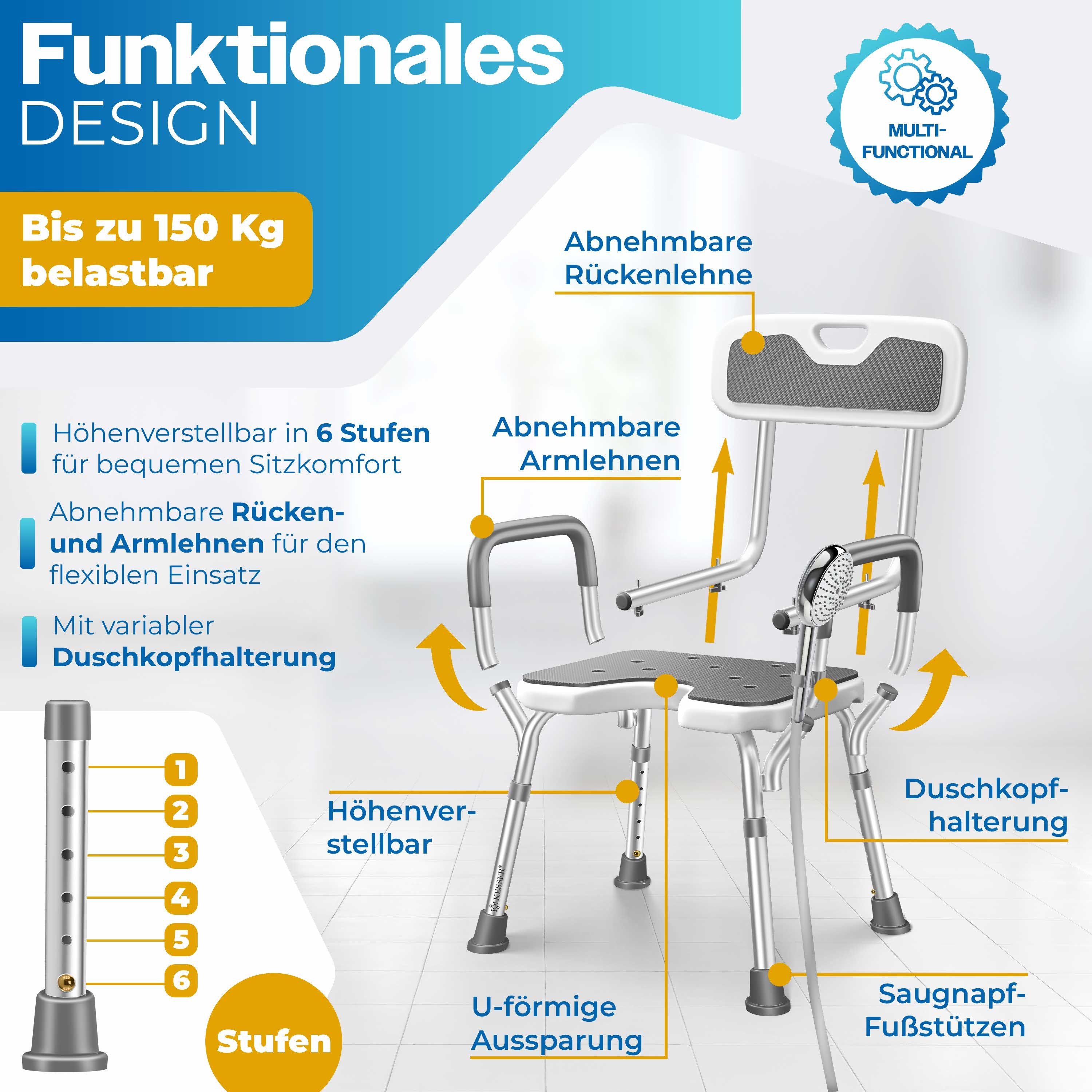 KESSER Badhocker Duschhocker mit Lehne höhenverstellbar in 6 Stufen 38-54cm (Duschstuhl mit Brausehalterung, Anti-Rutsch Füße & Matten), Duschsitz 150KG belastb – Bild 4 von 5