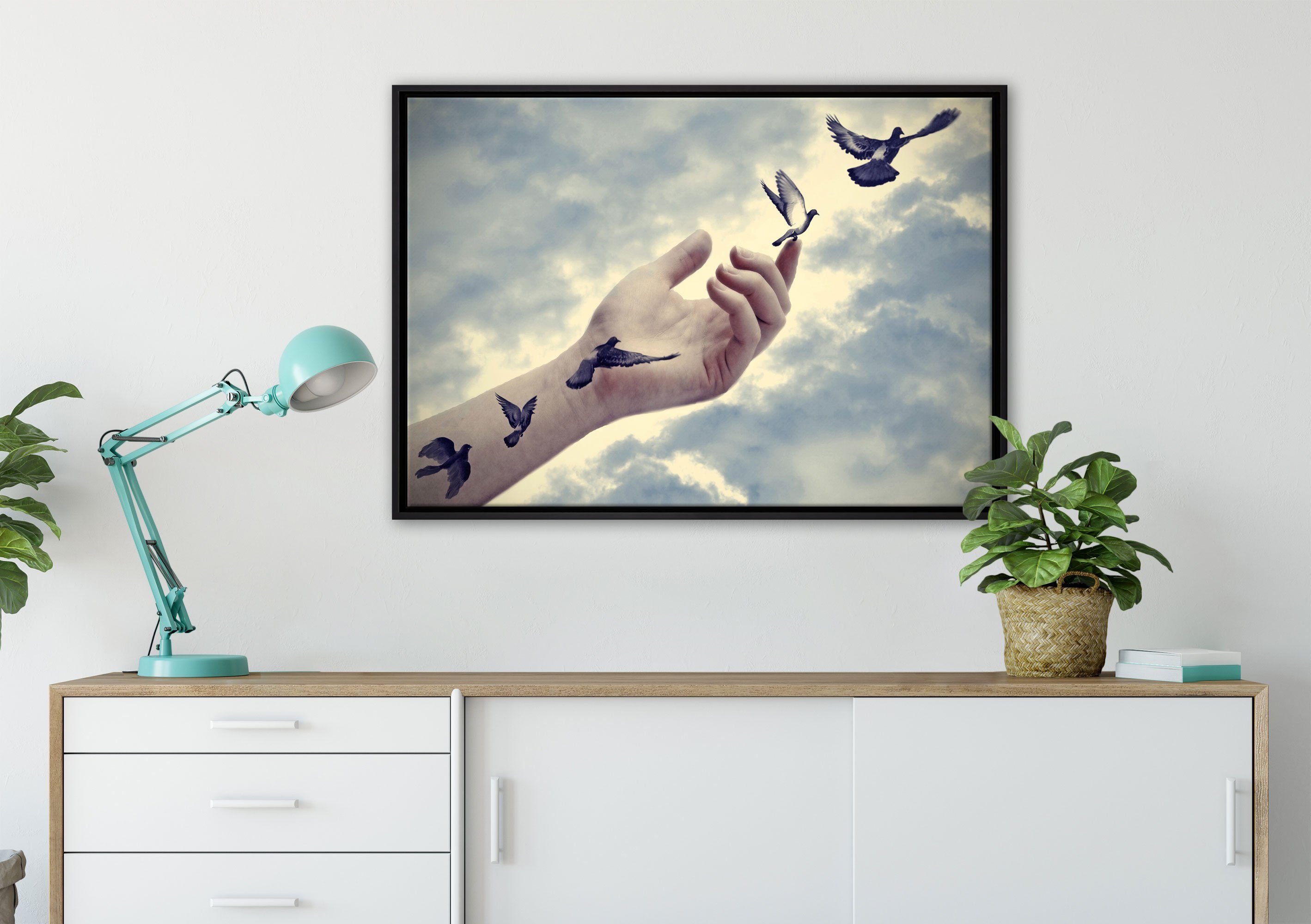 Pixxprint Leinwandbild Vögel fliegen gefasst, einem Zackenaufhänger Leinwandbild fertig Schattenfugen-Bilderrahmen die Freiheit, in St), Wanddekoration (1 inkl. in bespannt