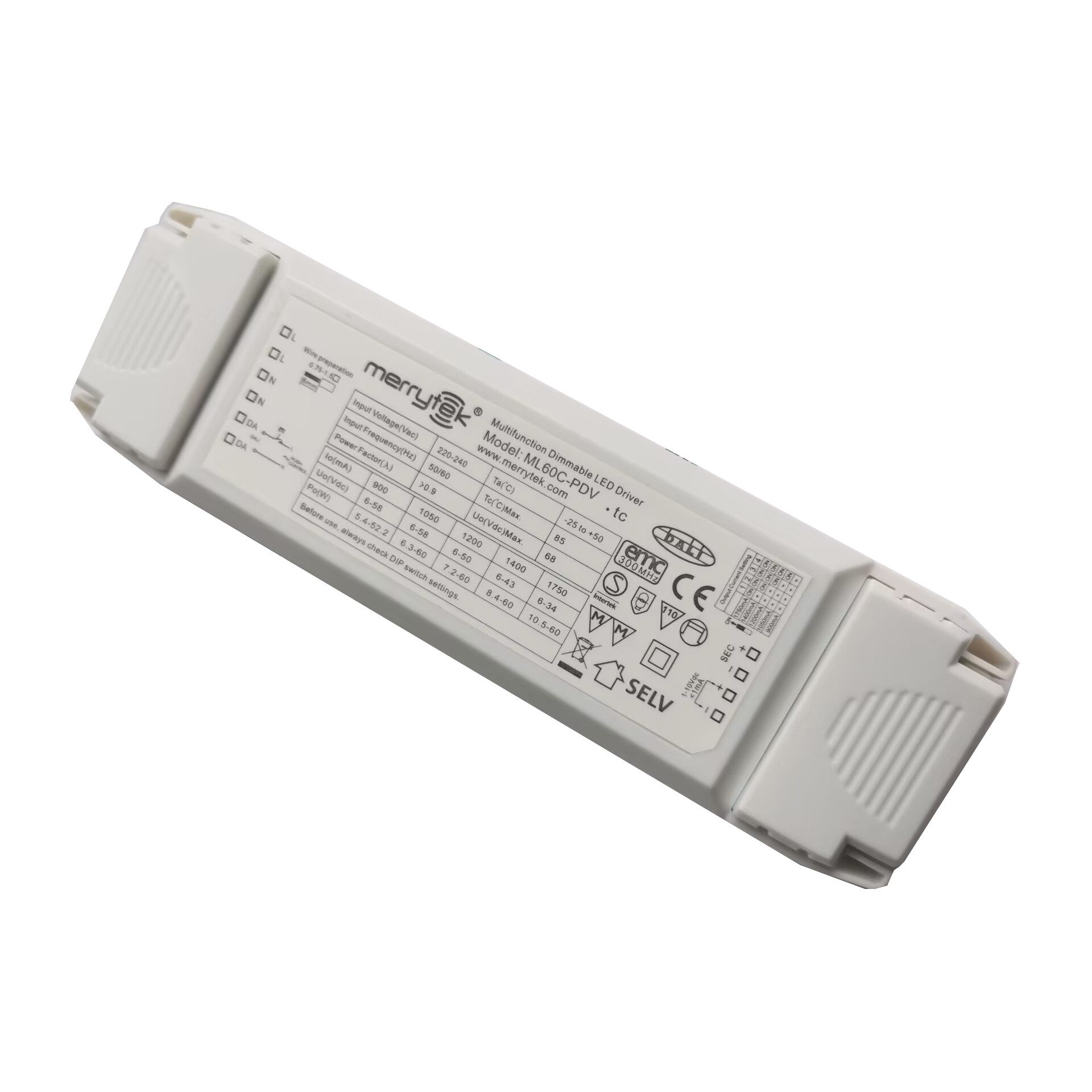 Merrytek ML60C-PDV 60W DALI 1-10V pushDIM dimmbar LED-Treiber für LED Lampe LED Trafo (Flimmerfreies Dimmen, DALI, 1–10V, PushDIM, Standby <0,5W)