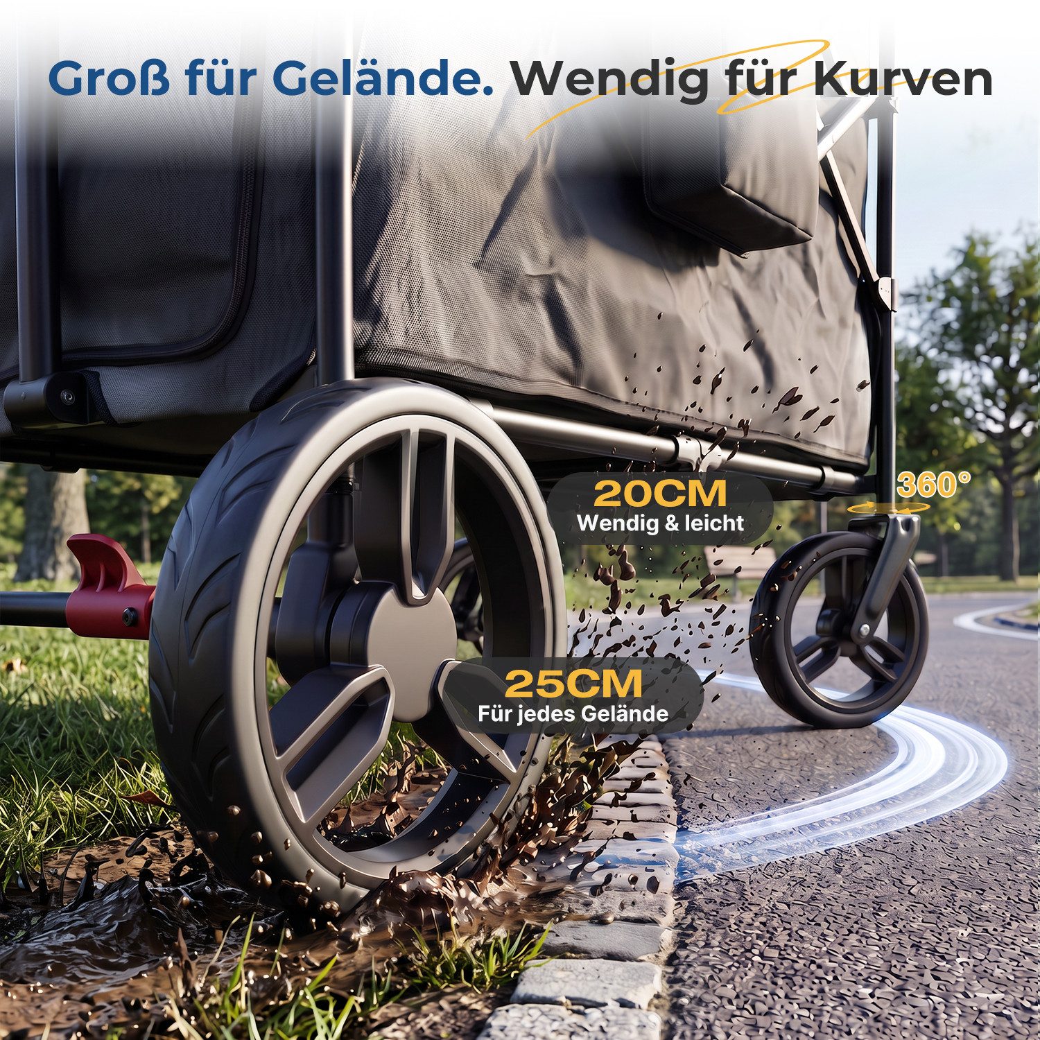 SUNULA Bollerwagen Kinder Bollerwagen für 2 Kinder mit Dach, Schiebe- und Zieh Funktion, Faltbar Kinderwagen mit XXL-Rädern (25/20 cm) und 5-Punkt-Gurtsystem – Bild 3 von 5