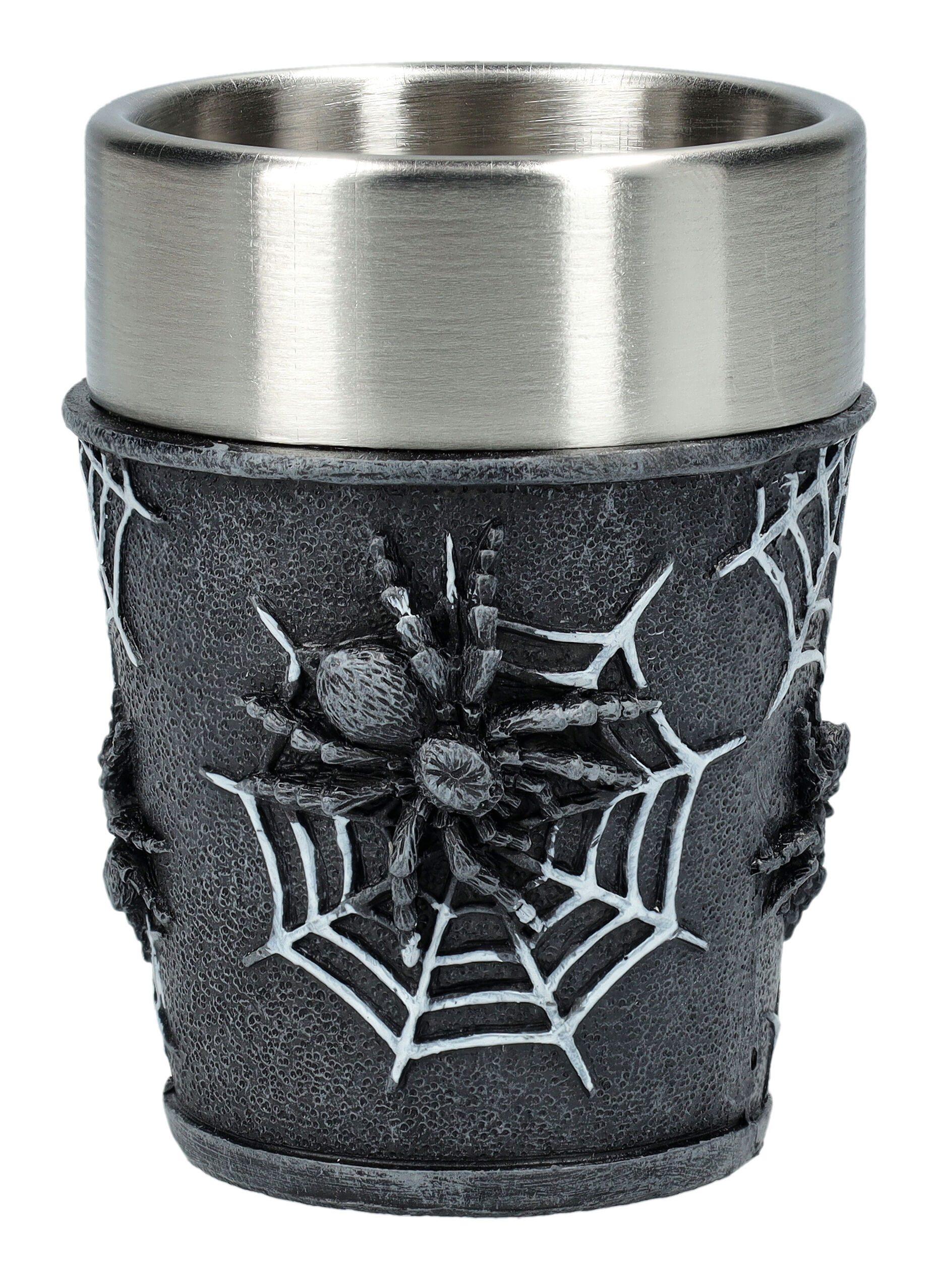 Figuren Shop GmbH Schnapsglas Schnapsbecher - Gothic Spinne - Dekoration Schnapsglas Stamperl Deko, Kunststein (Polyresin), Edelstahl