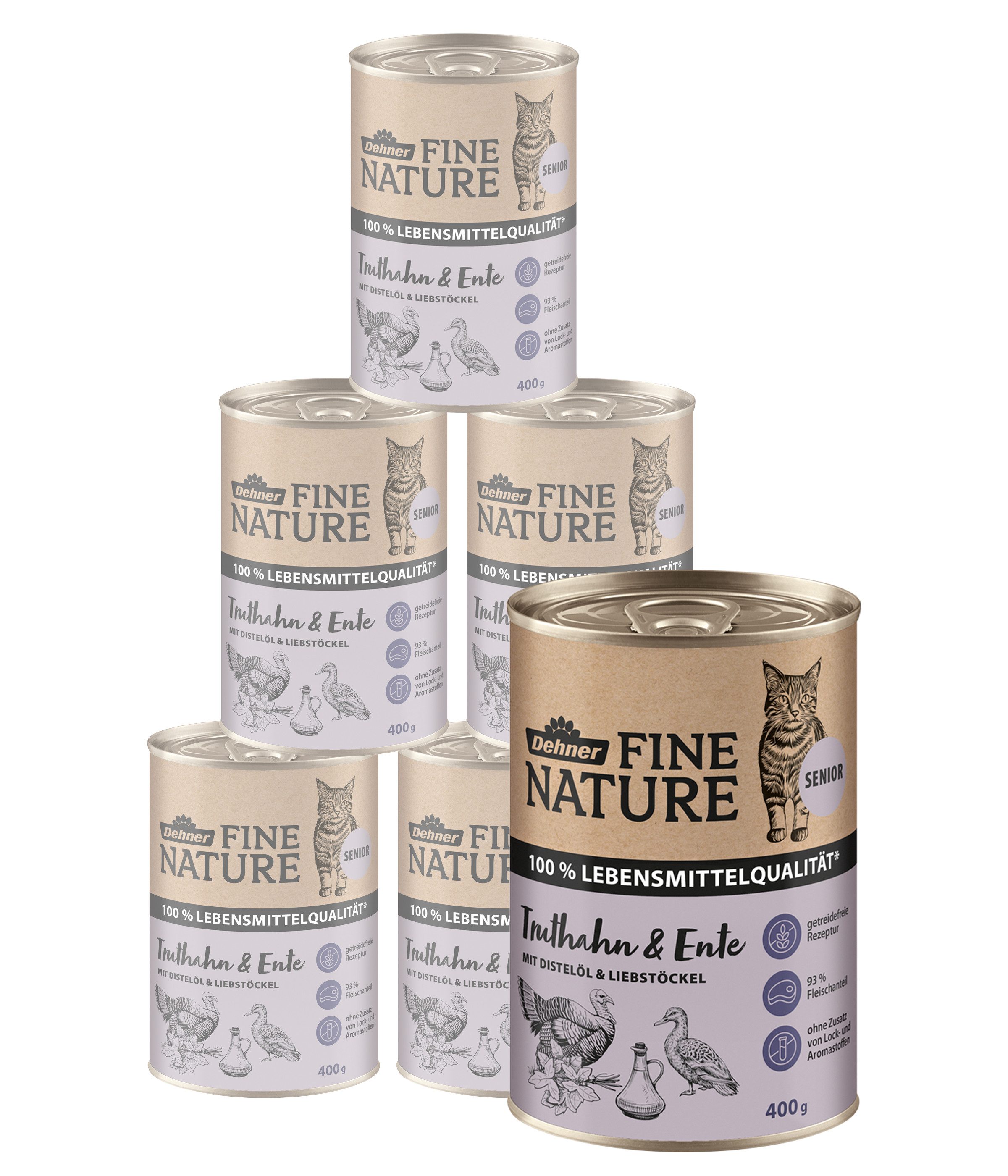 Dehner Fine Nature Senior Truthahn / Ente, 6 x 200 g / 400 g Dose Truthahn, 2400g, Nassfutter für ältere Katzen, getreidefrei