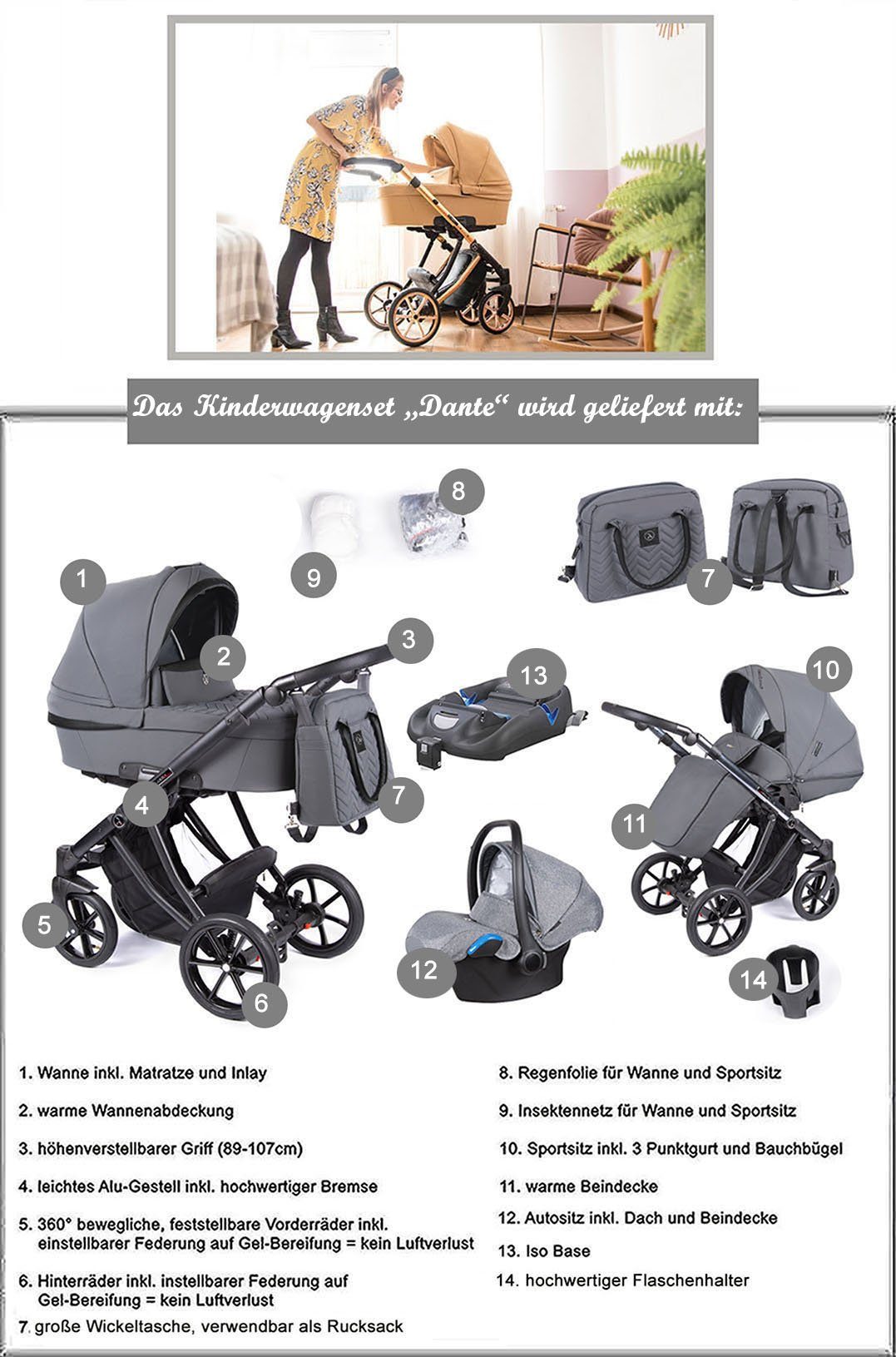 Dante = Kinderwagen-Set 4 - in 1 - Kombi-Kinderwagen Gestell 14 Farben Tannengrün Teile babies-on-wheels in 16 schwarz