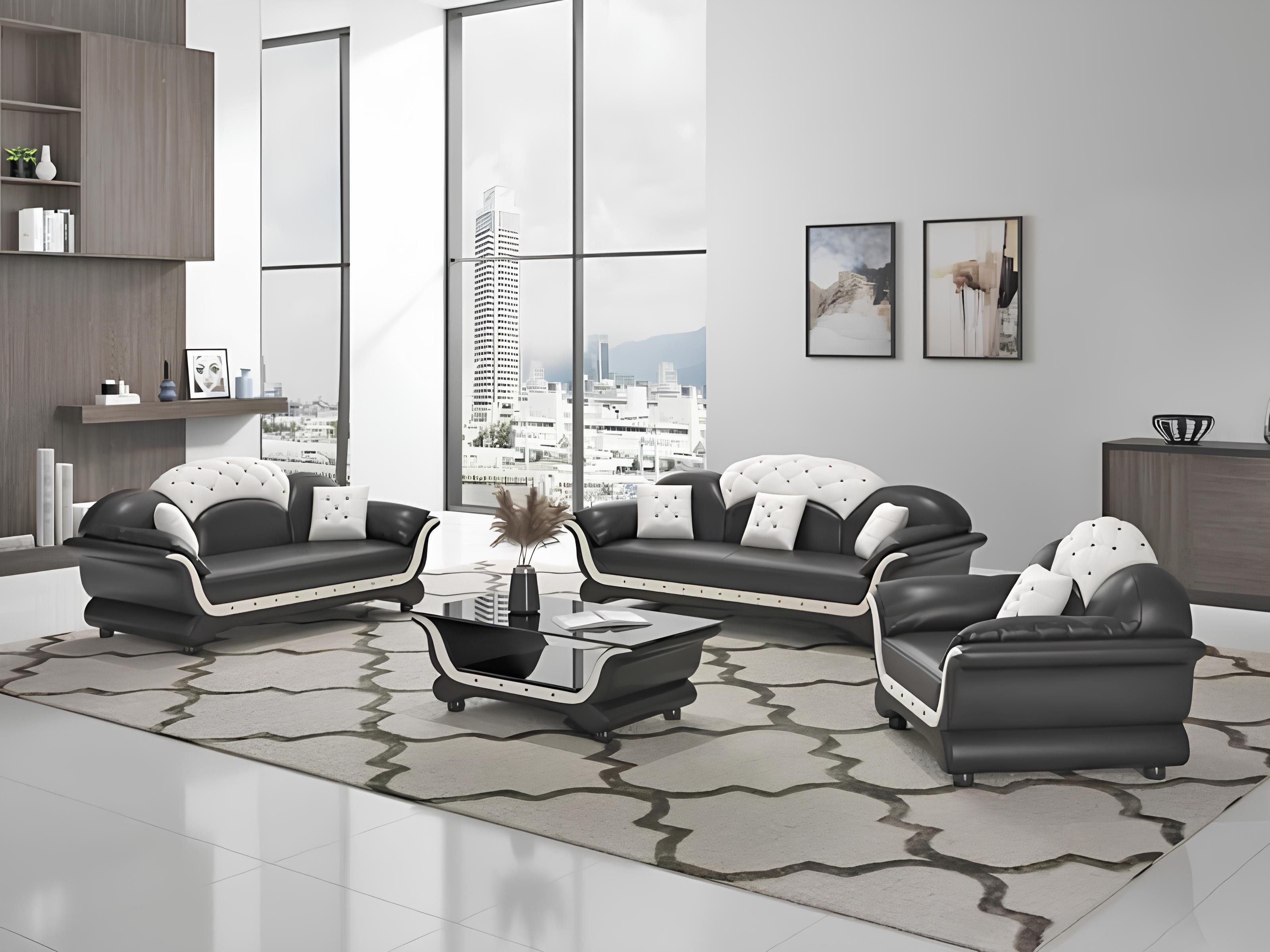 Xlmoebel Polstergarnitur Schwarzes Ledersofa mit gemütlicher Couch und stilvollem Design, (3-tlg., Sofagarnitur 3+2+1 Sitzer), Hergestellt in Europa