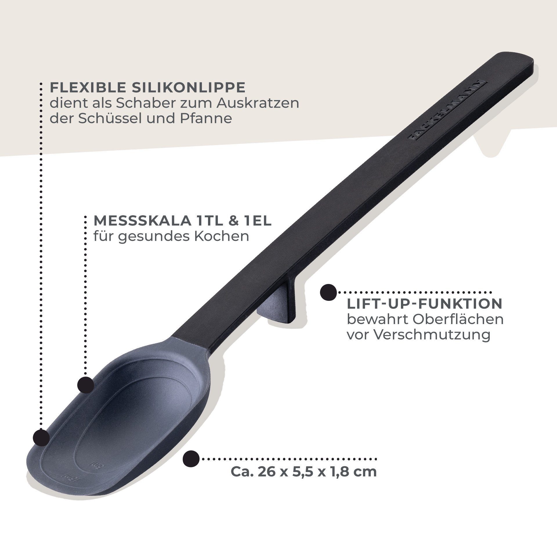 FACKELMANN Kunststofflöffel Statement Flexi-Löffel mit Lift-Up-Funktion – Mit Messrillen