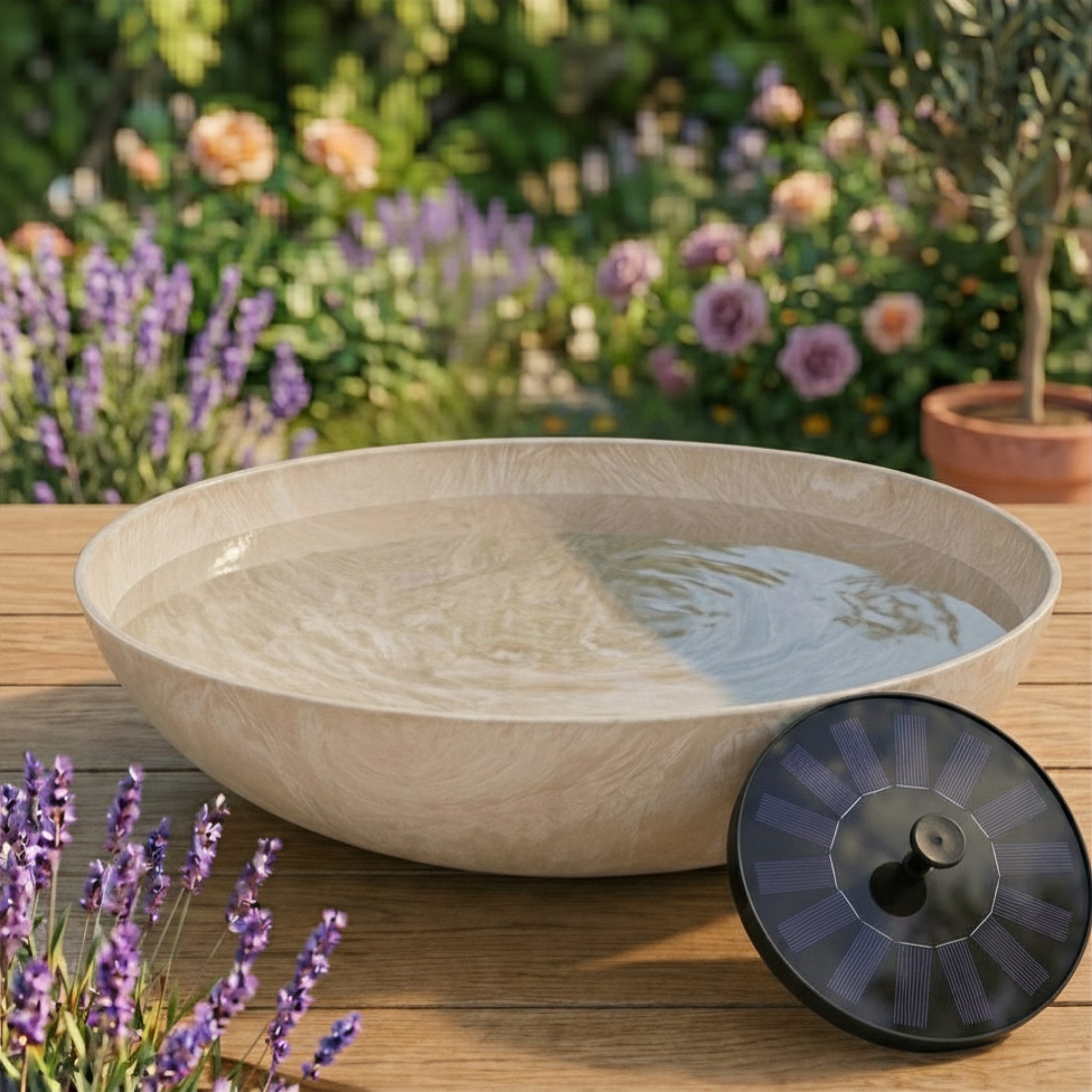 matches21 HOME & HOBBY Wasserspiel Solar Brunnen Set inkl. Akku - 45 cm flache Schale in sand, (2 tlg), Solar Springbrunnen und Brunnenschale als Gartendeko