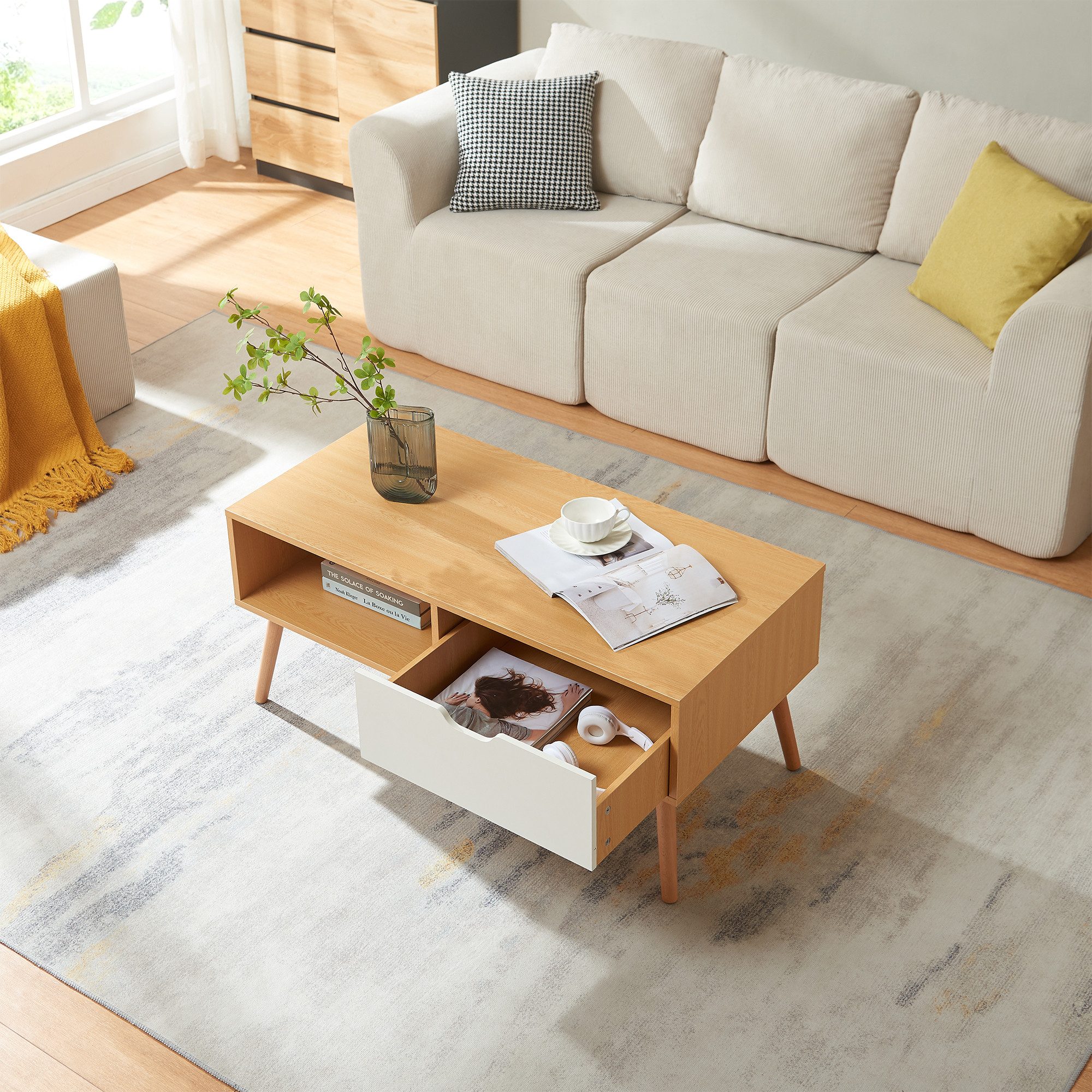 en.casa Couchtisch, »Bordkak« mit Schublade 100 x 48 x 45 cm Eicheoptik / Weiß