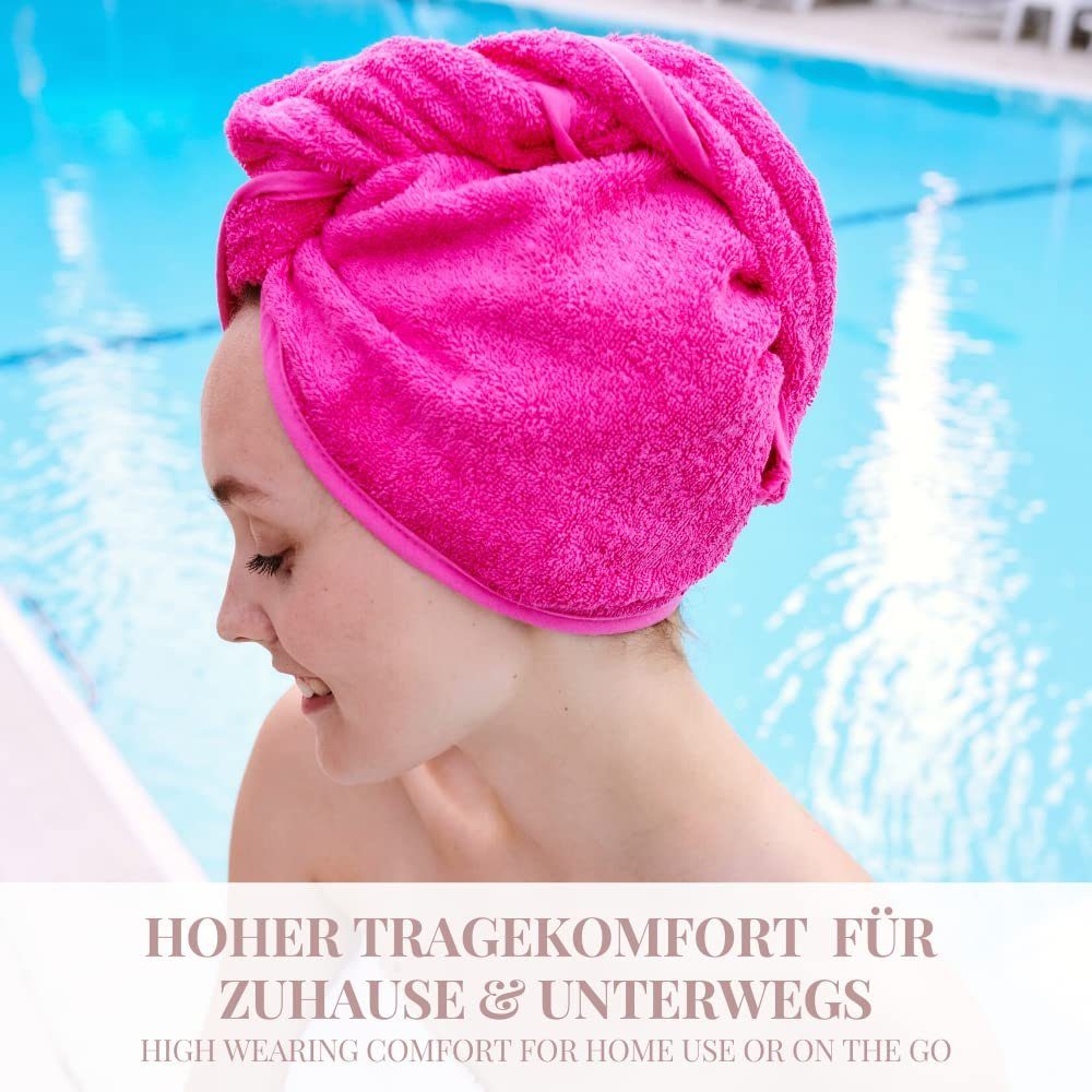 Haarturban Hair Turban-Handtuch Schlaufe, Haar-Turban grau, 2x Haare Haarhandtuch Carenesse Handtuch & Knopf Haar Baumwolle pink + aus Towel Turban saugstarker