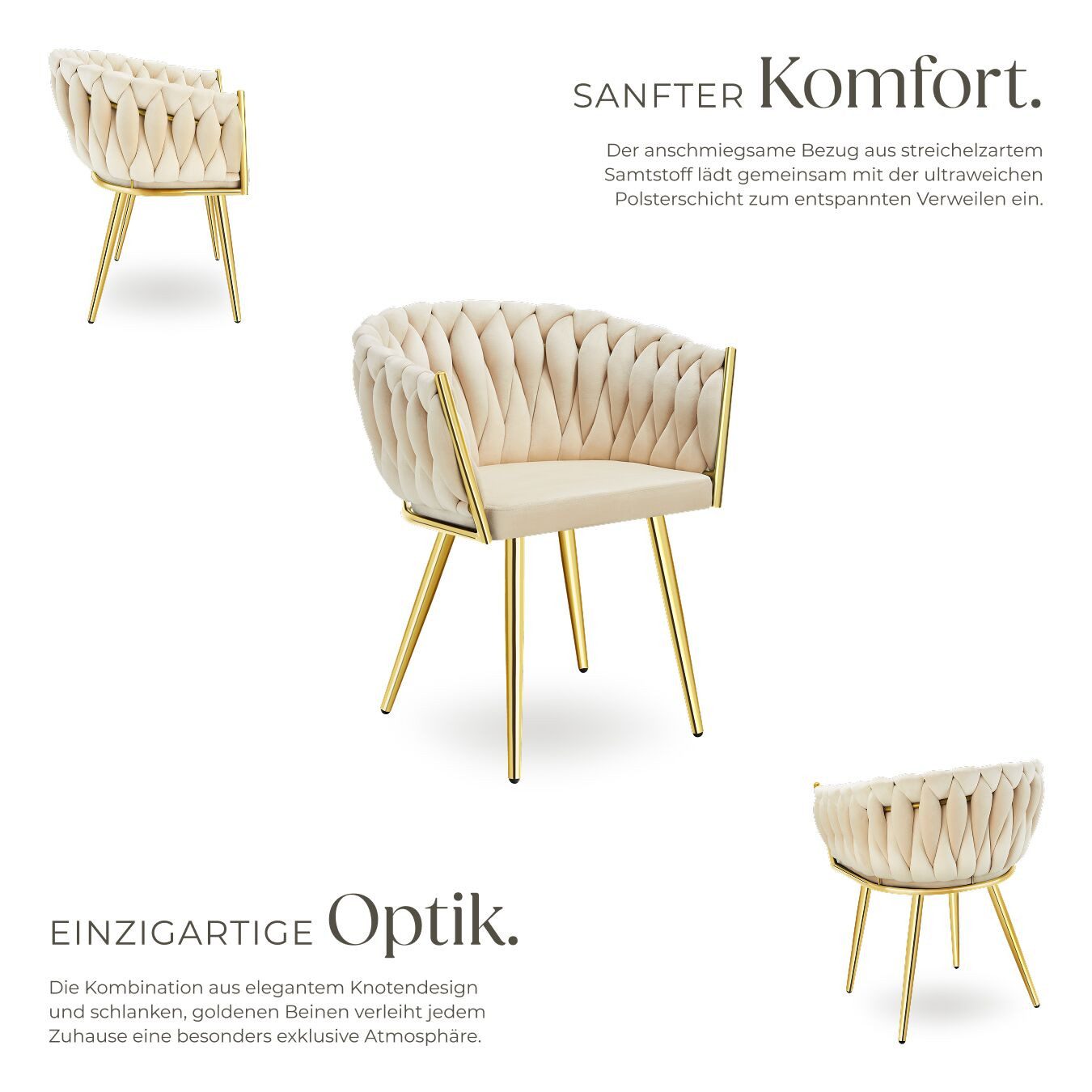 tectake Esszimmerstuhl Samtstuhl gepolstert, mit Samtbezug, Knotendesign, 60,5 x 55 x 75 cm (Polsterstuhl Astano in sandfarben/gold, 2 St), Stahlbeine, höhenverstellbare Kunststofffüße, Belastbarkeit 120 kg