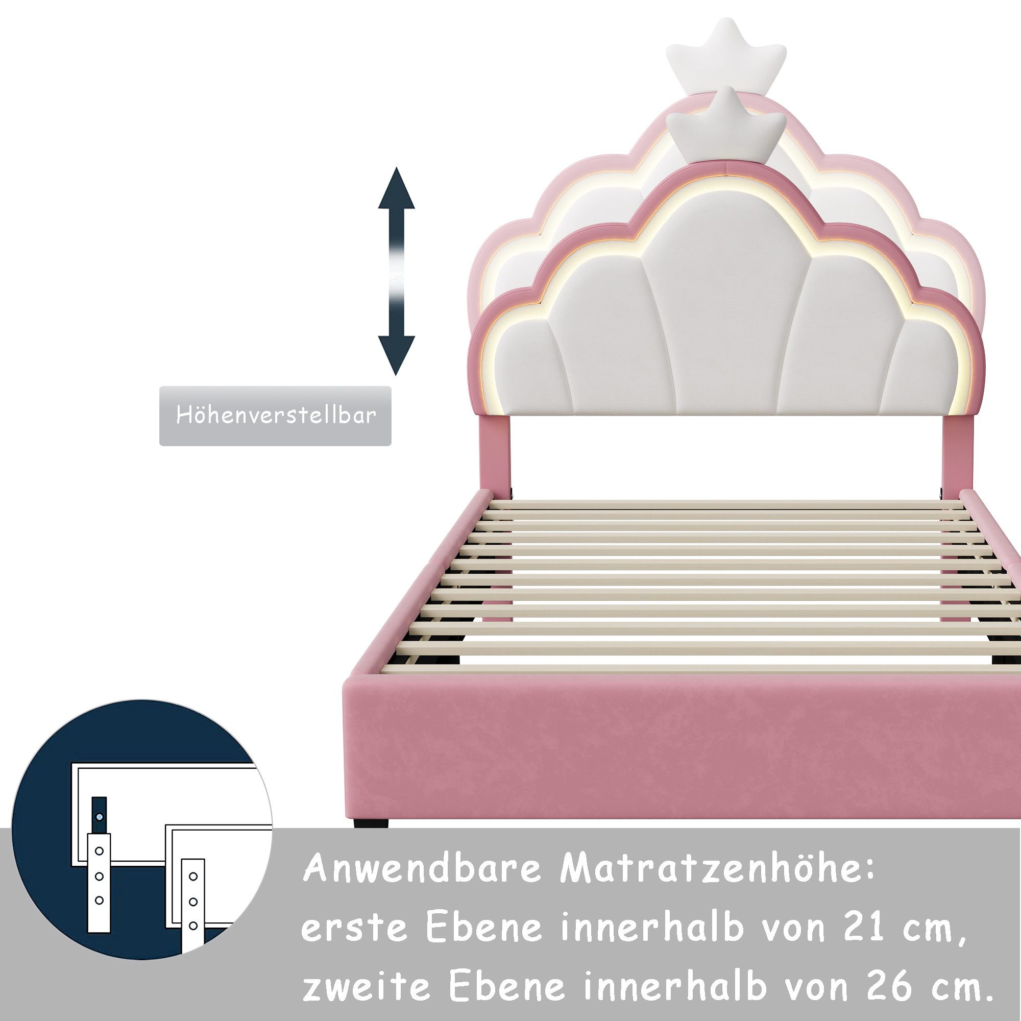 zebery Polsterbett Kinderbett, Kopfteil mit LED-Beleuchtung, Samtstoff (Packung, 1-tlg., Jugendbett), 90x200 cm,Mit Kopfteil und Bettgestell,kronenförmiges Kopfteil,Rosa