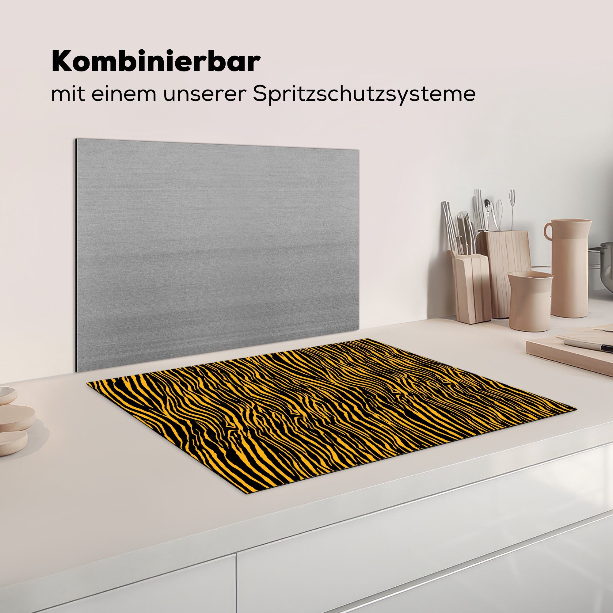 Muster (1 Vinyl, Tigerdruck Induktionskochfeld - 71x52 cm, Ceranfeldabdeckung küche, tlg), MuchoWow Orange, Schutz - die für Herdblende-/Abdeckplatte