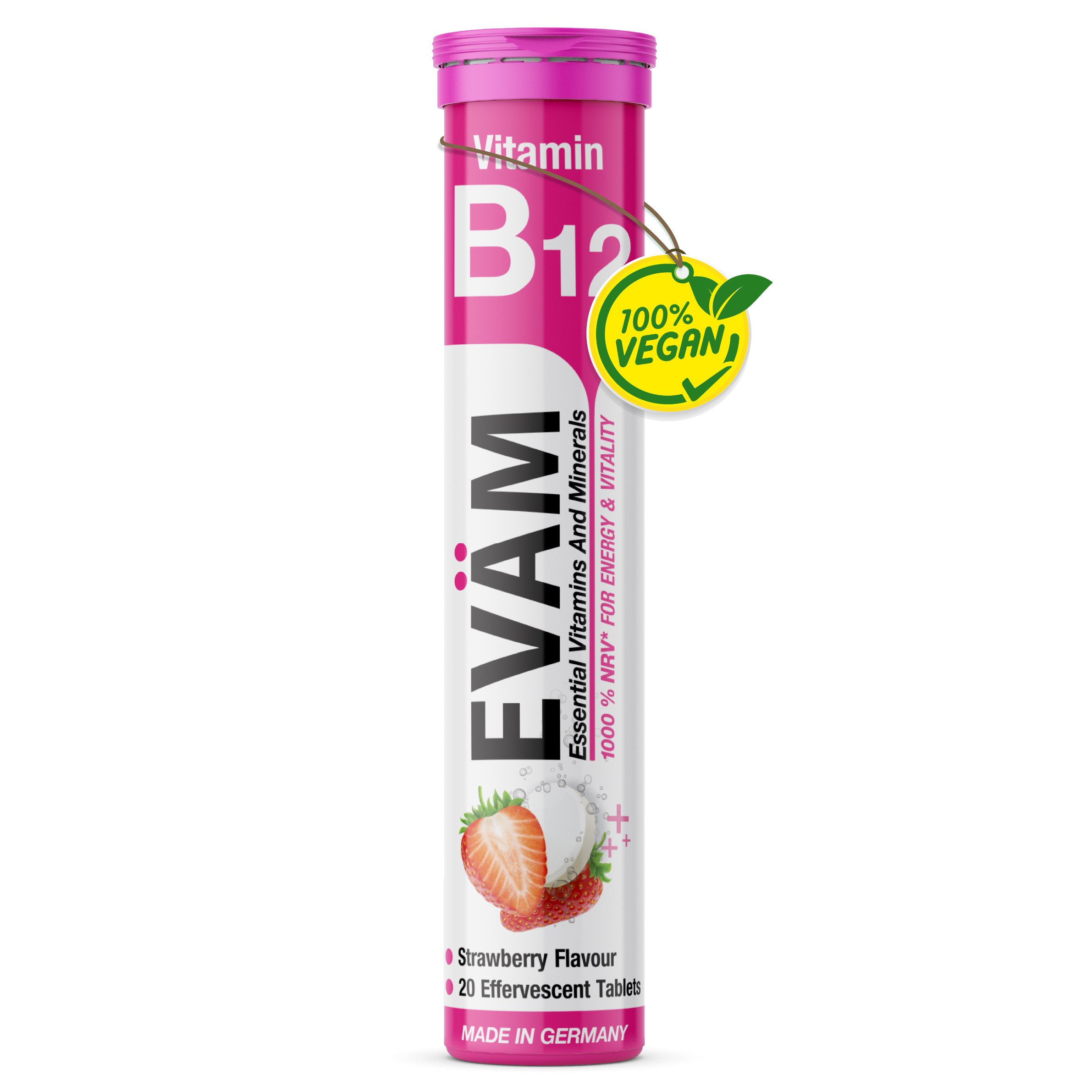 EVÄM VITAMIN B12 hochdosiert 1.000 % NRV, MIT ERDBEERGESCHMACK Brausetabletten, 1 er Röhrchen à 20 St., 82 g, made in Germany