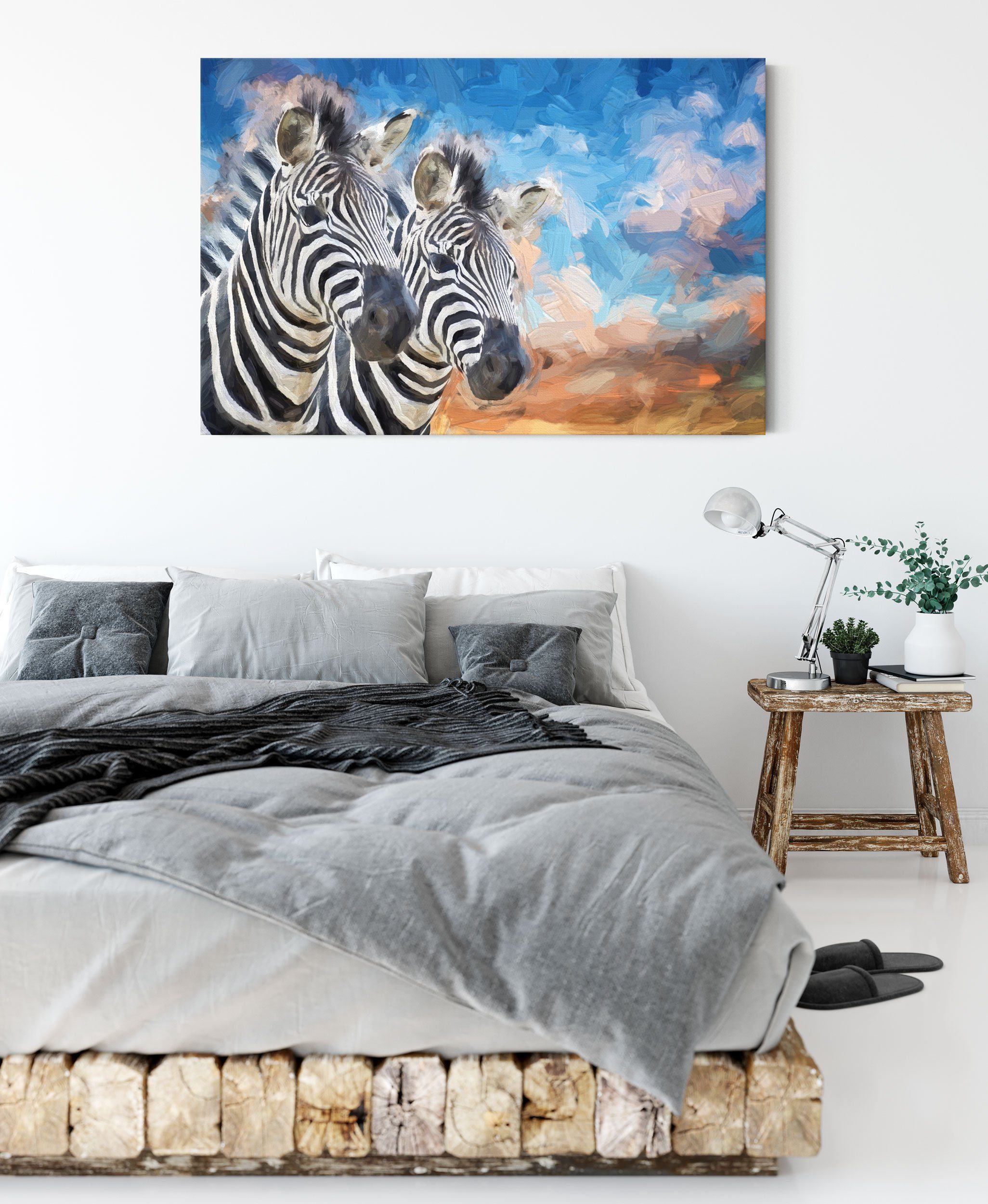 (1 St), fertig Leinwandbild Leinwandbild bespannt, Zebrapaar, inkl. Zebrapaar Zackenaufhänger schönes schönes Pixxprint