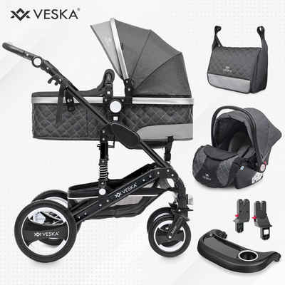 VESKA Kombi-Kinderwagen 3in1 inkl. Babyschale, Buggy, Jogger, mit Wickeltasche, Ess&Spieltisch, Moskitonetz, Regencover, Autoschale Fußsack, Aluminiumrahmen