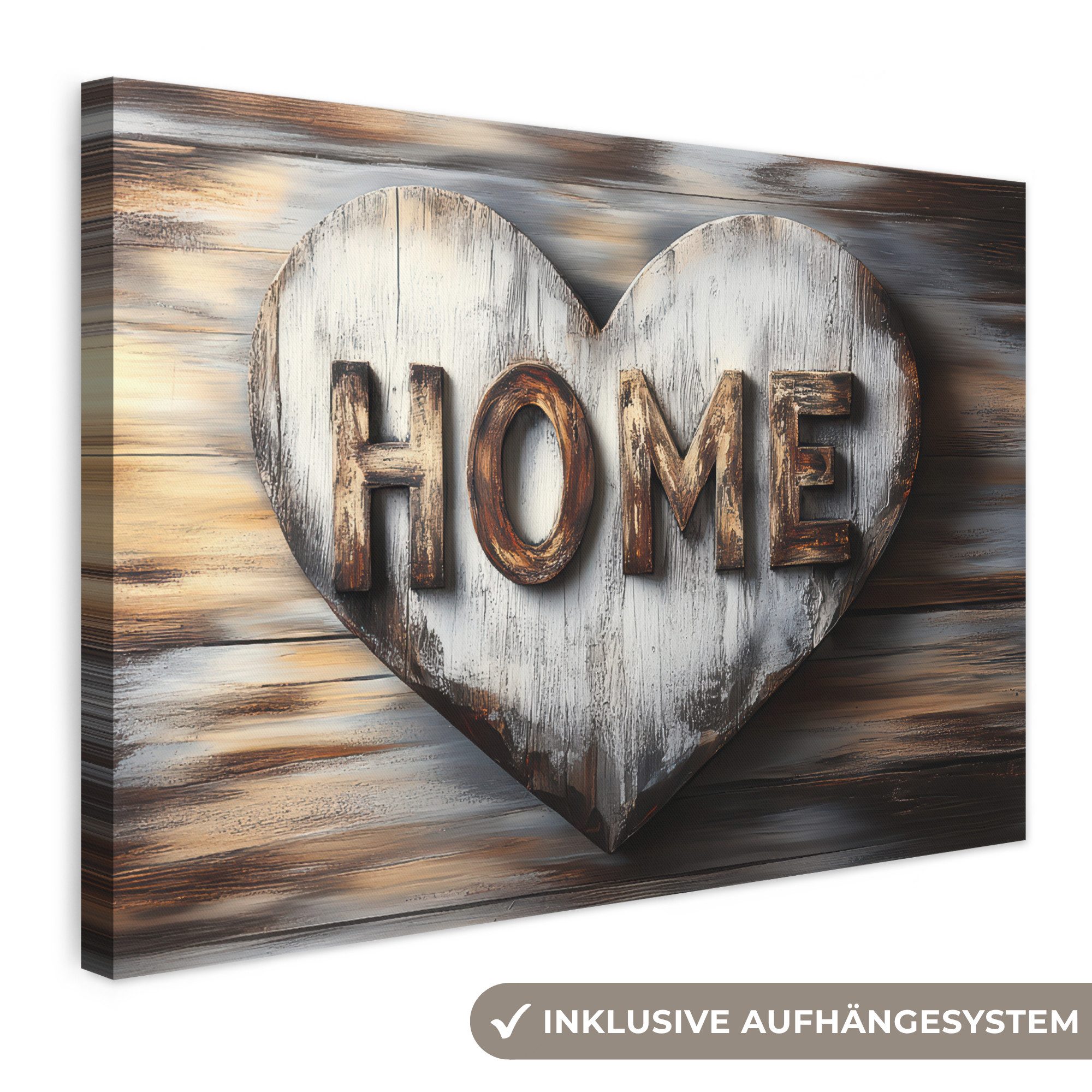OneMillionCanvasses® Leinwandbild Zuhause - Herz - Holzoptik - Liebe, Fotodruck (1 St), Leinwand Bilder Klein, Wand Dekoration Aesthetic 30x20 cm