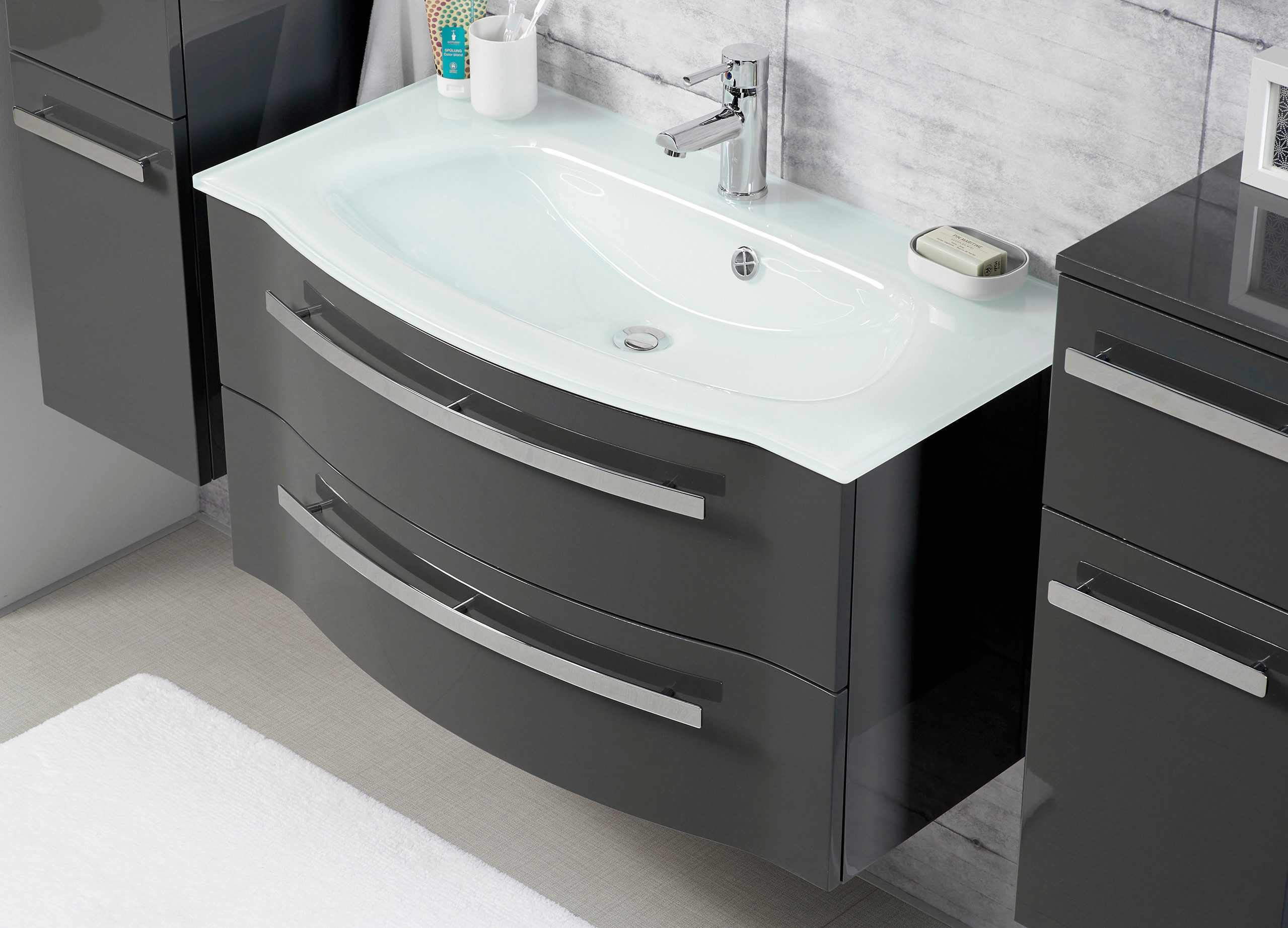 Saphir Waschtisch Serie 4005 Glas-Waschtisch mit Unterschrank, 92 cm breit, Waschplatz mit 2 Schubladen, Badmöbel-Set mit Waschtisch