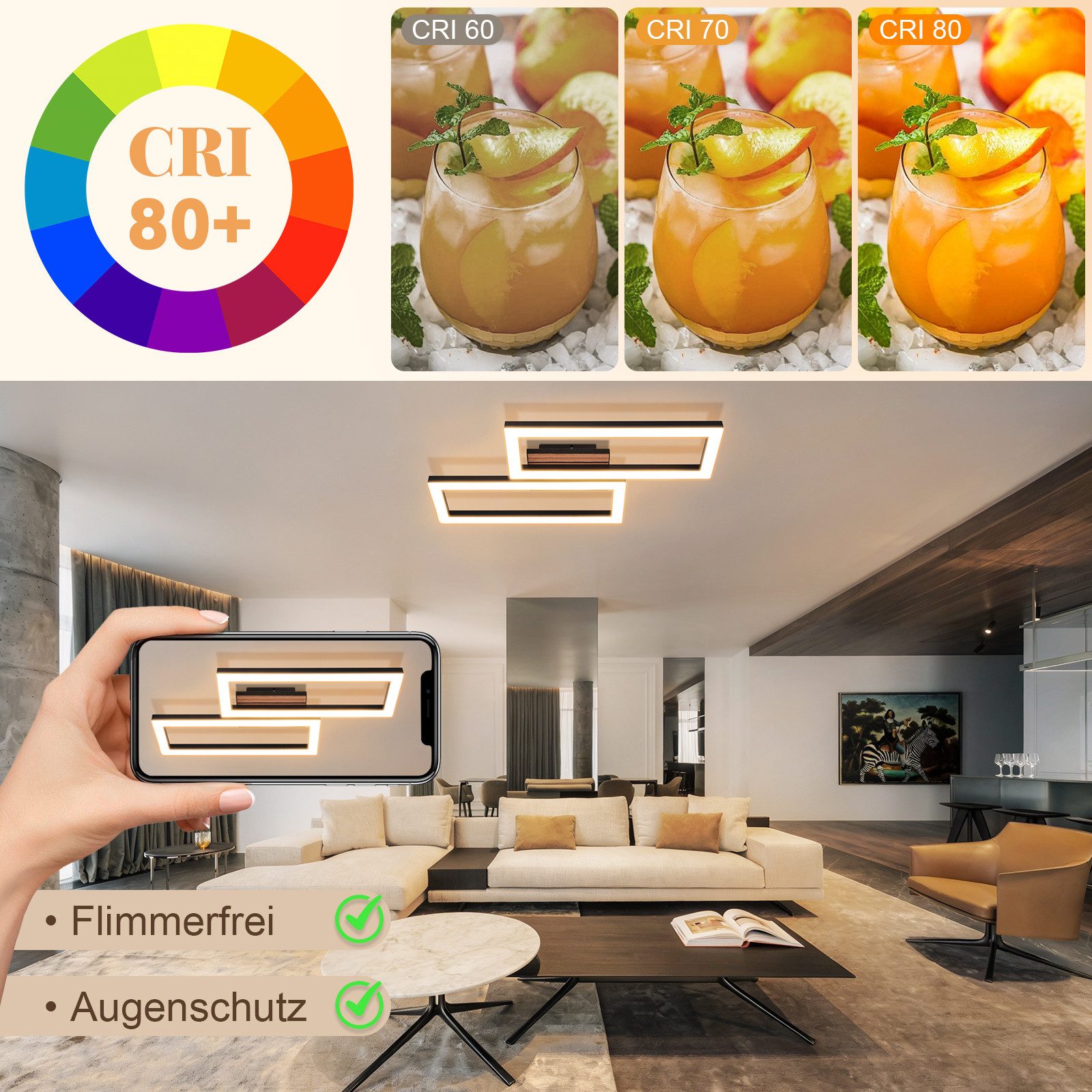 Nettlife LED Deckenleuchte Retro schwarz 14/21W eckig 3000K Warmweiß Design lampe Holz, LED fest integriert, für Küche Schlafzimmer Flur Wohnzimmer Bürolampe Zu – Bild 4 von 5