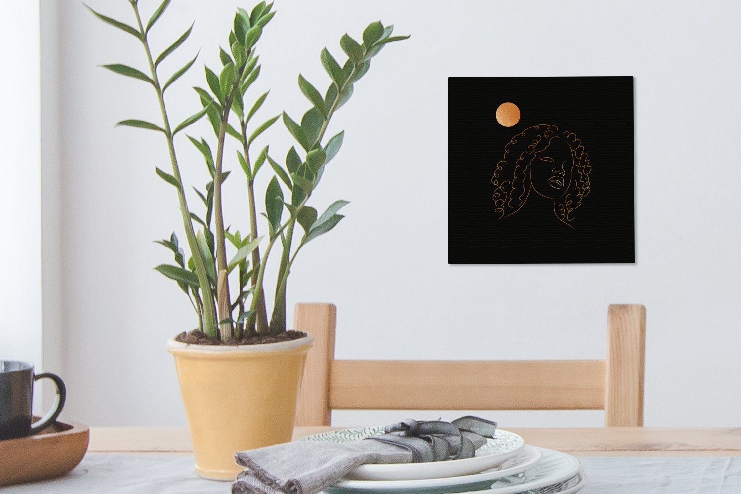 Wohnzimmer Strichzeichnung - Gold, Mond Bilder - Leinwand St), für Schlafzimmer - Frau (1 Leinwandbild OneMillionCanvasses®