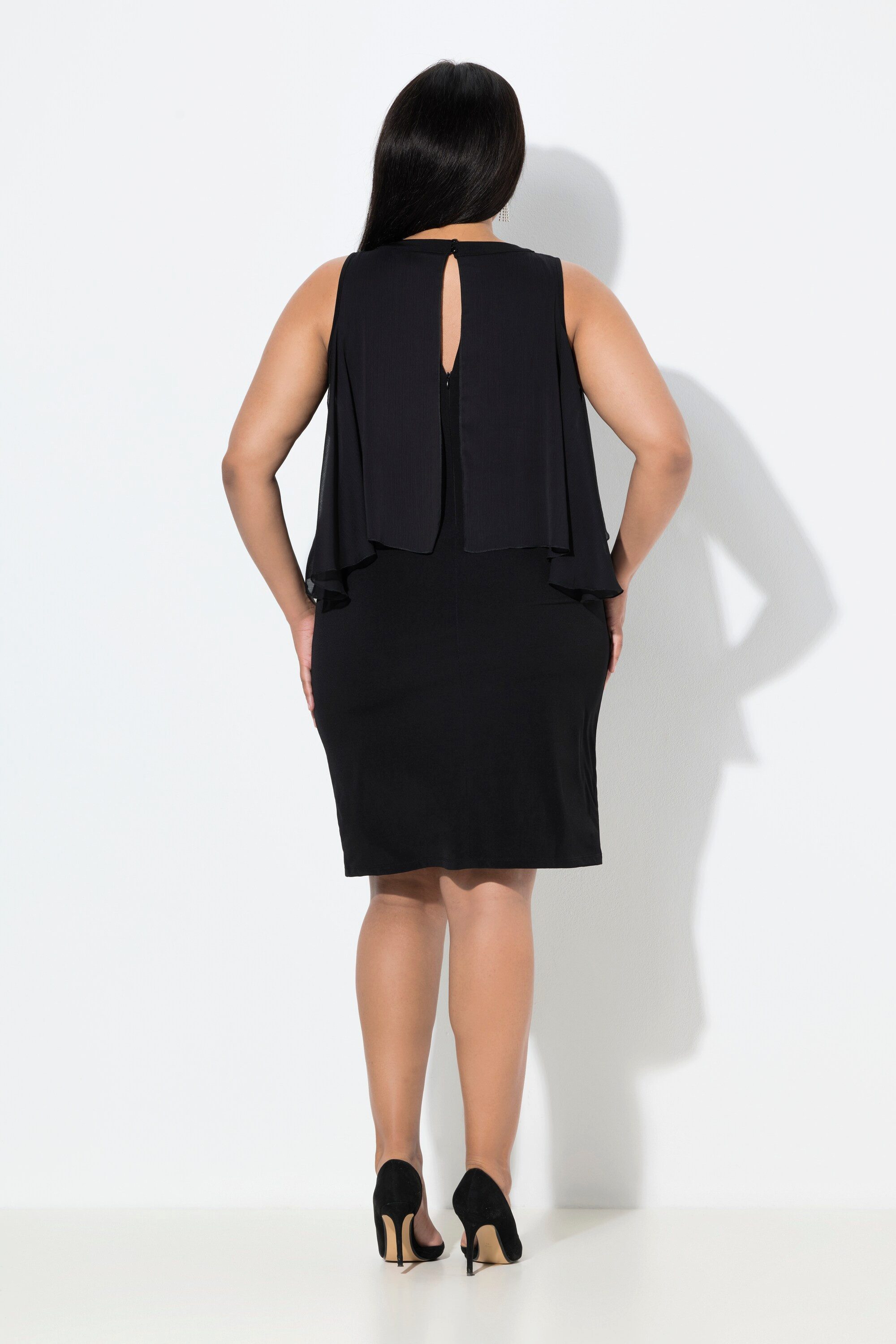Ulla Popken Jerseykleid Chiffonkleid Slim Rundhals ärmellos doppellagig